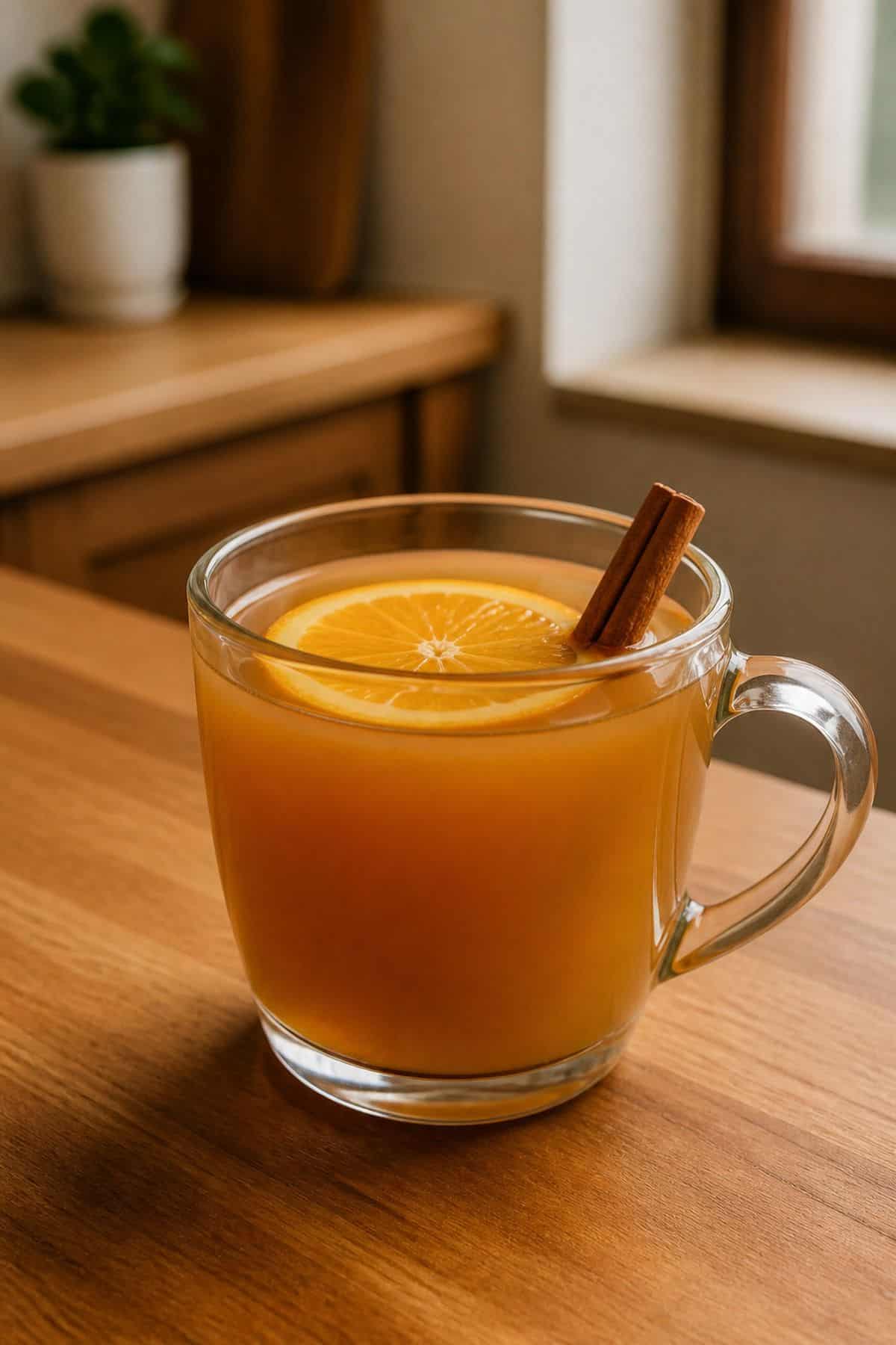 Hot Apple Cider Recipe Hot apple cider in a clear mug with an orange round and cinnamon stick garnish.