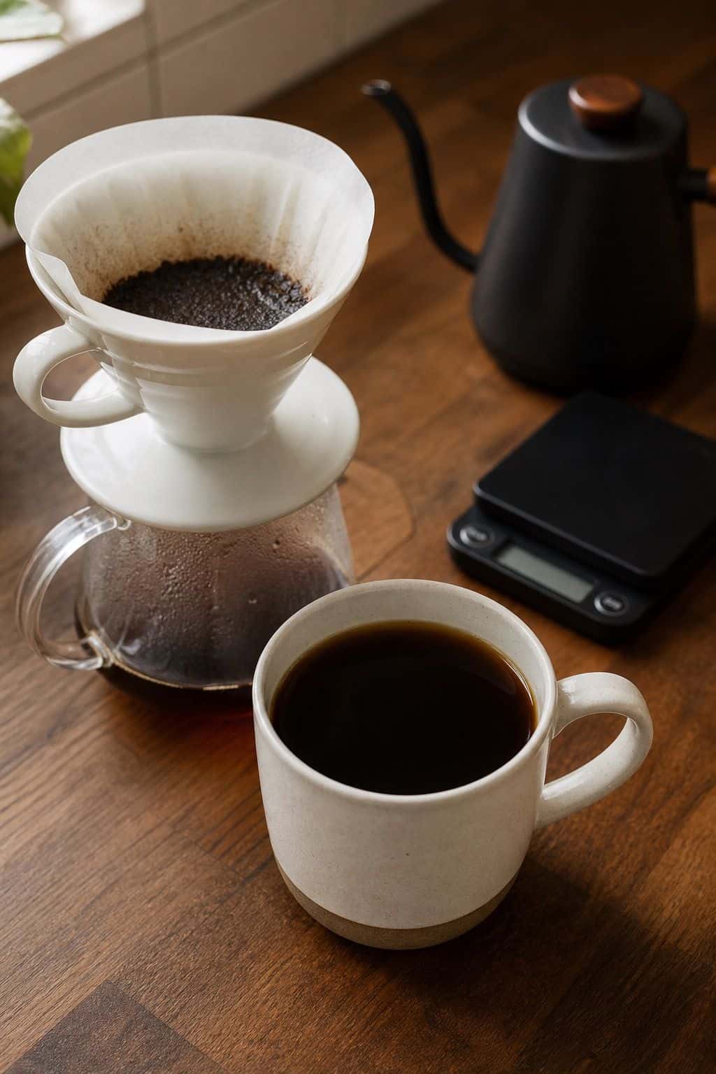 Hot black pour-over coffee in a mug beside a V60 dripper with paper filter