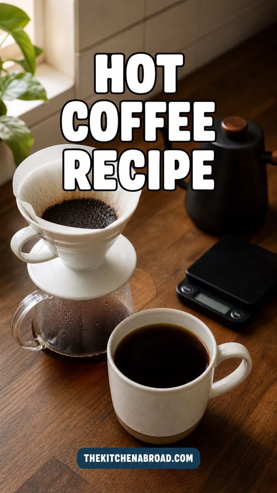 Hot coffee recipe pin with pour-over coffee dripper and mug