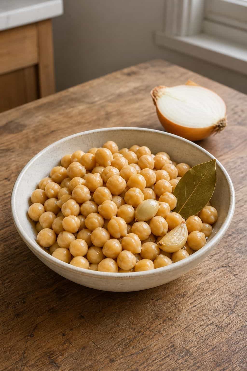 Boiled chickpeas in a ceramic bowl with bay leaf garlic and onion