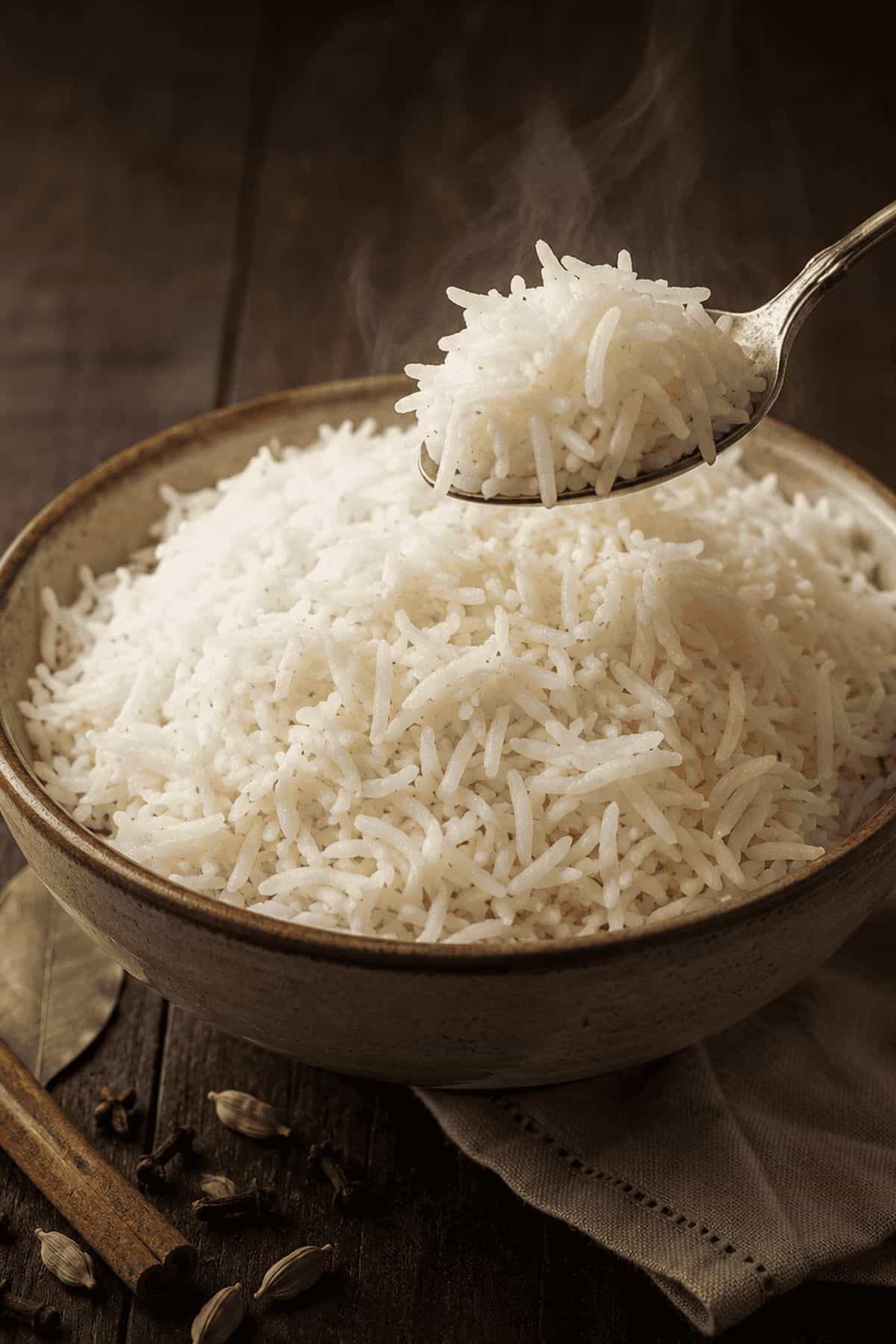 Basmati Rice Recipe (In a Rice Cooker) Fluffy cooked basmati rice in a ceramic bowl