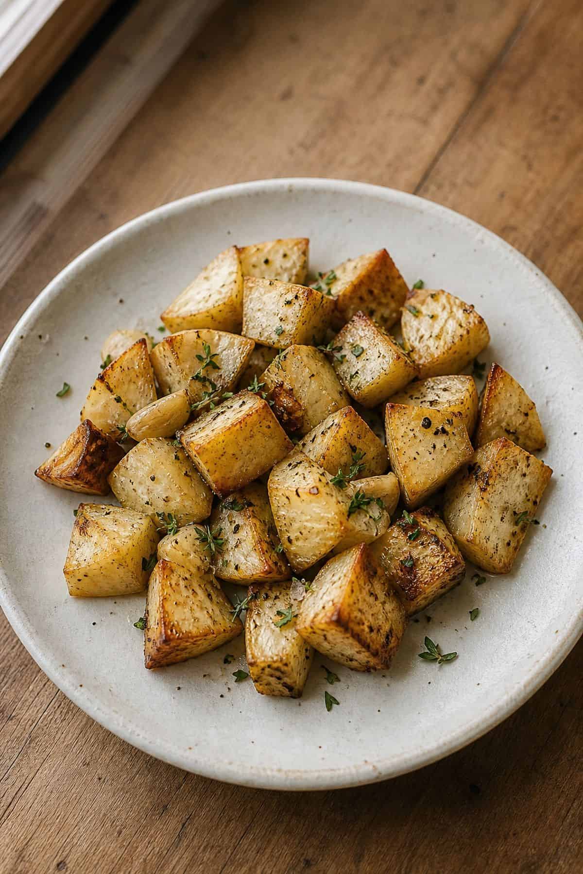 Roasted celeriac pieces with olive oil, garlic, thyme, parsley, salt, and pepper on a rustic plate.