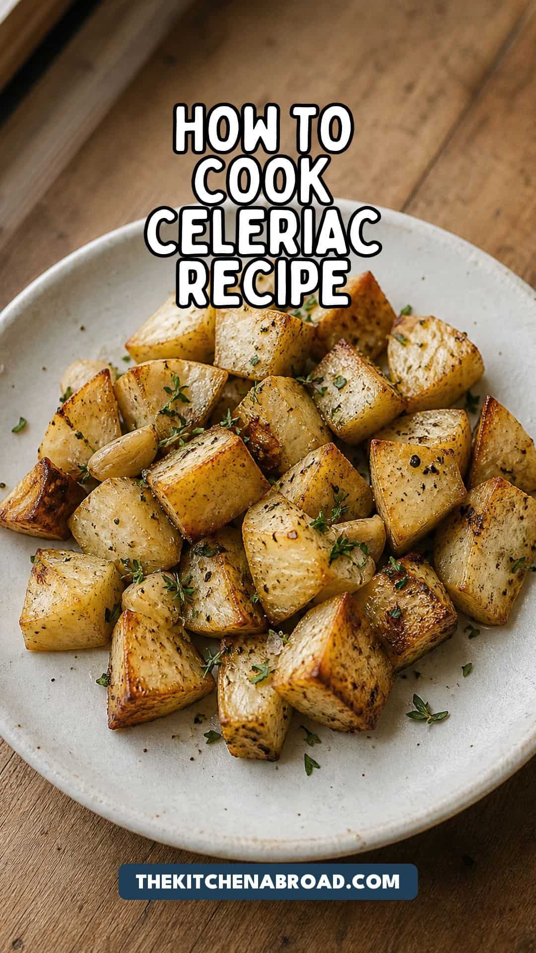 How to cook celeriac recipe pin with roasted celeriac on a rustic plate.