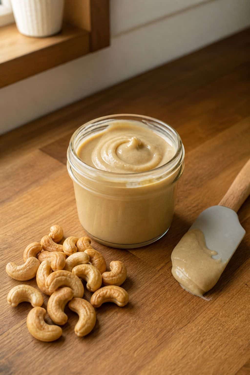 How to Make Cashew Butter With Food Processor Homemade cashew butter in a glass jar with roasted cashews on a kitchen counter