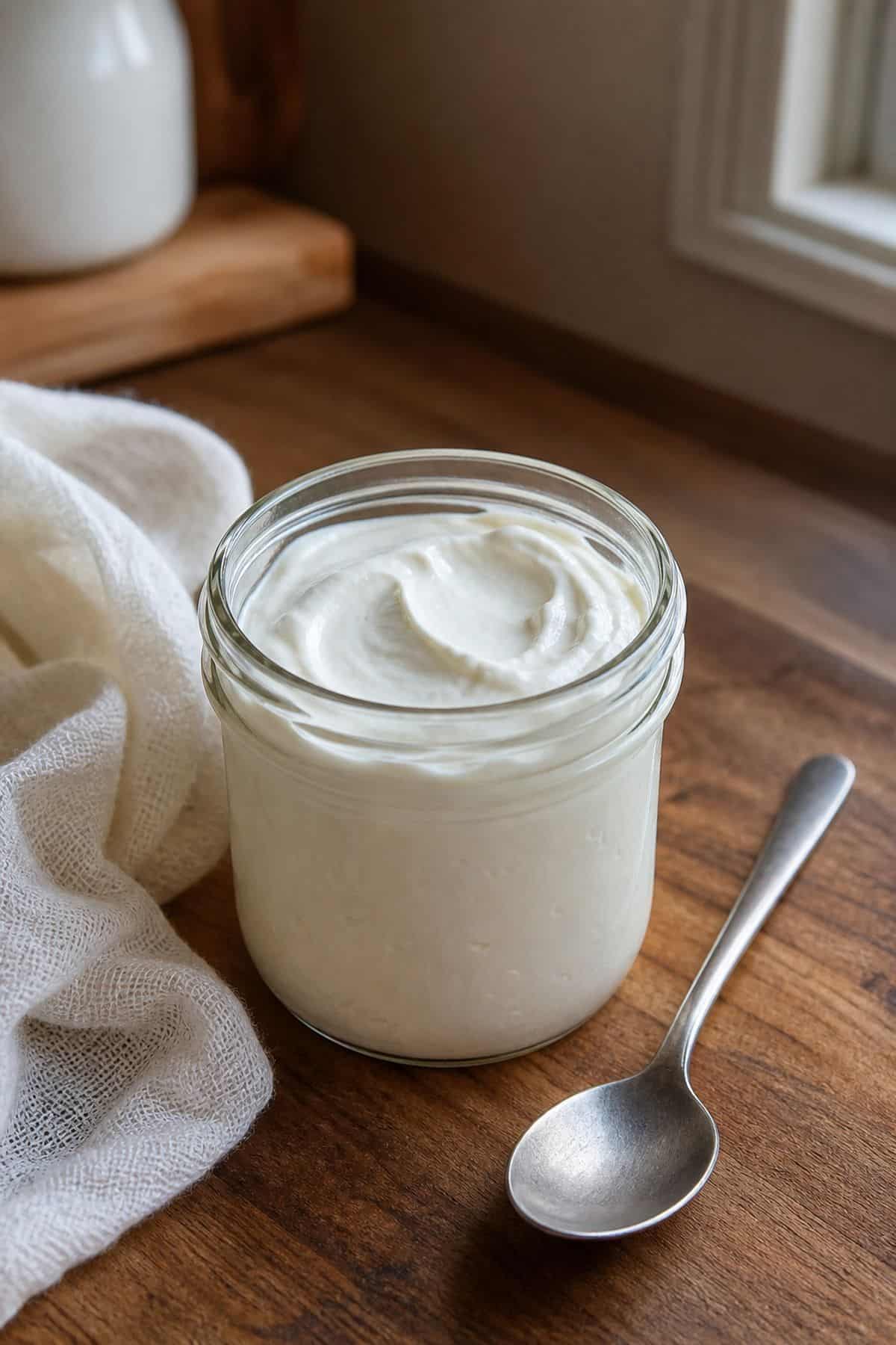 Homemade creme fraiche in a glass mason jar on a wooden kitchen counter