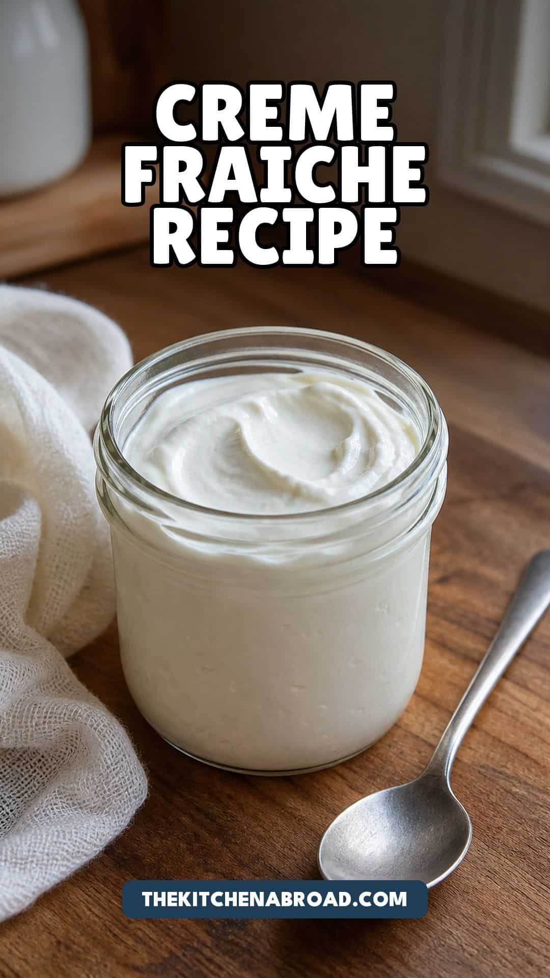 Pinterest pin for homemade creme fraiche recipe in a glass jar
