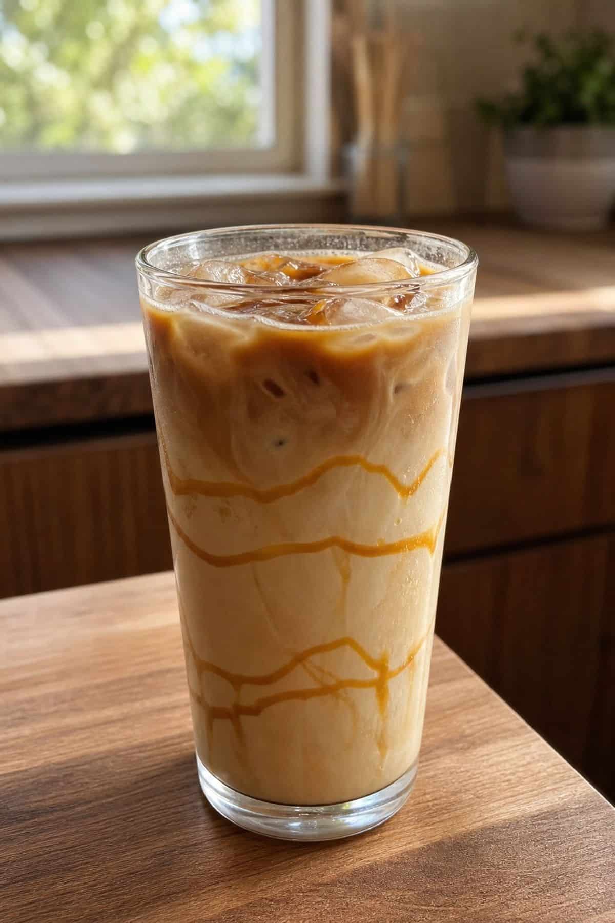 Iced Caramel Latte Recipe: Cafe-Style Grande in 3 Minutes Iced caramel latte in a tall glass with ice, milk, espresso, and caramel drizzle