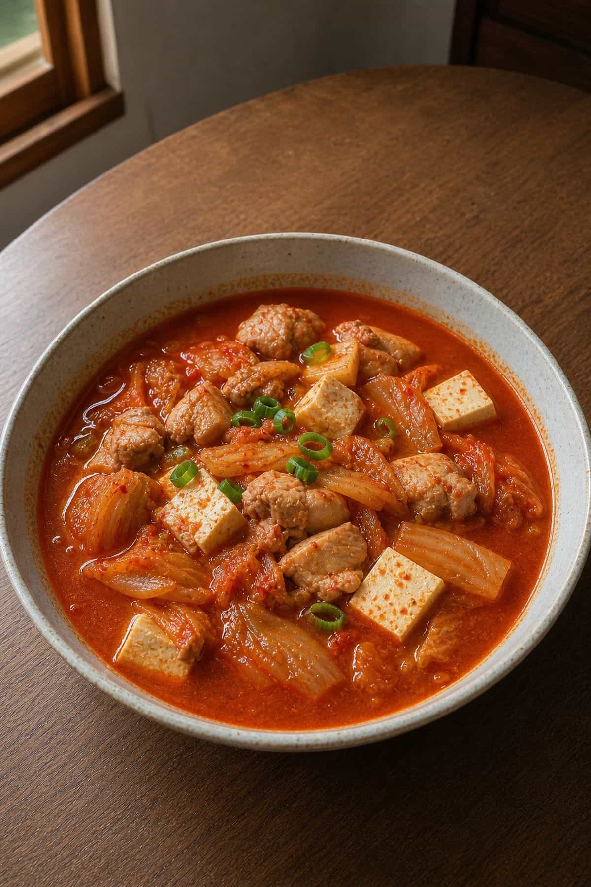 Kimchi Stew with Chicken (Kimchi Jjigae) Chicken kimchi jjigae with tofu kimchi and green onions in a bowl