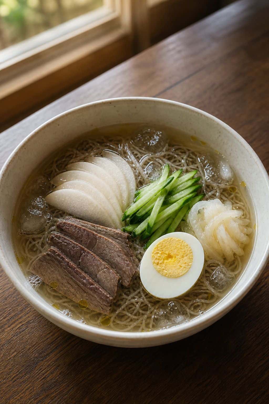 Korean Buckwheat Noodles Recipe (Naengmyeon Made Simple) Korean naengmyeon cold buckwheat noodles in icy broth with brisket cucumber pear egg and pickled radish