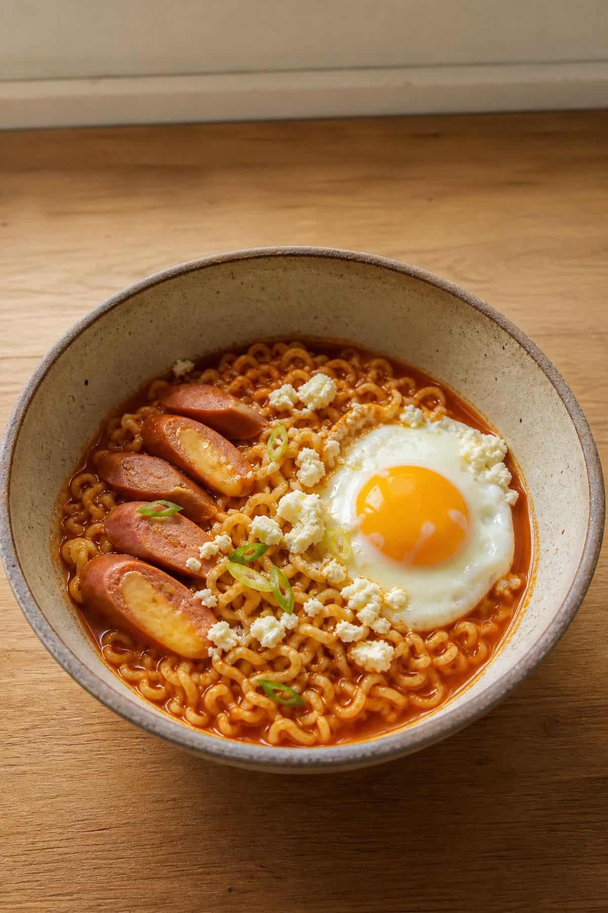 Korean spicy ramen with hot dog slices, a sunny-side-up egg, feta, and green onion in a deep bowl.