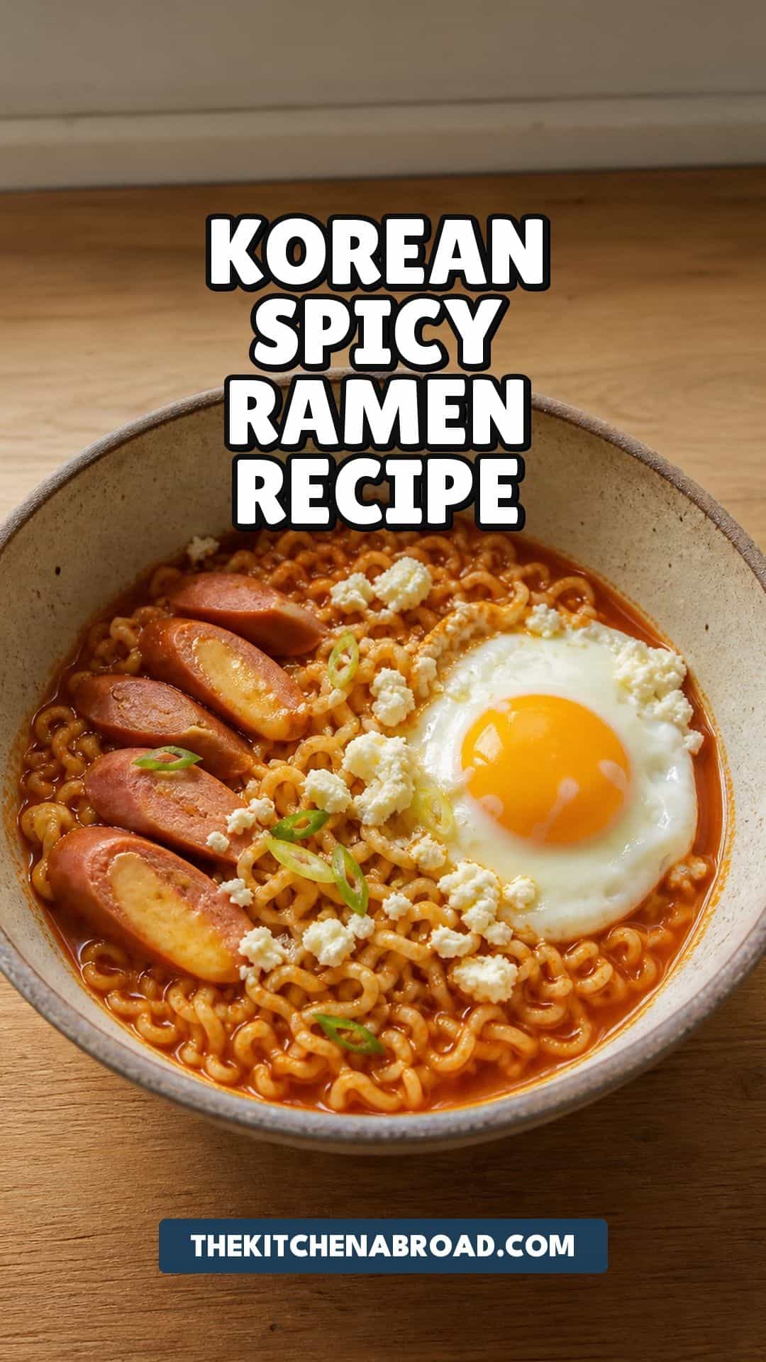 Pinterest pin for Korean spicy ramen recipe with hot dog slices, egg, feta, and green onion.