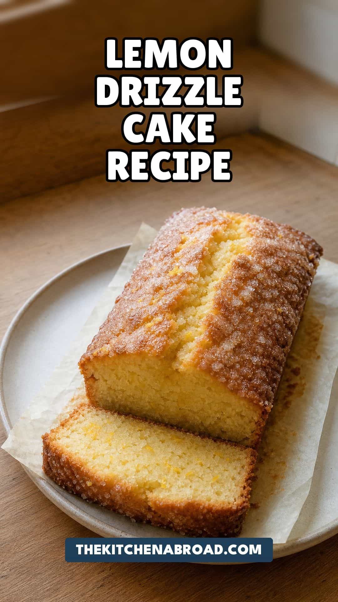 Lemon Drizzle Cake Recipe Lemon drizzle cake recipe Pinterest pin with a golden loaf cake and crackly sugar crust