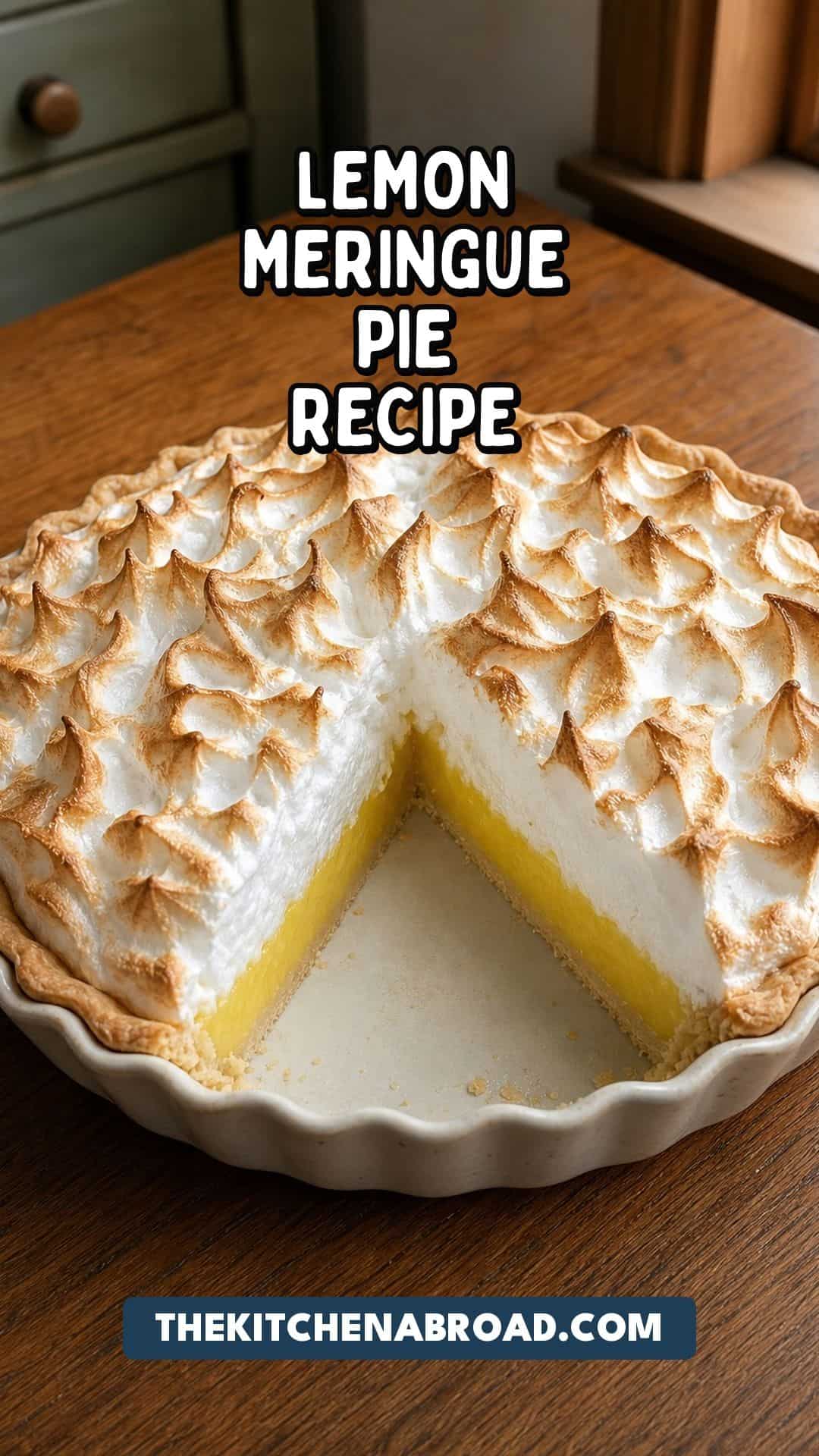 Lemon Meringue Pie Recipe Pinterest pin for Lemon Meringue Pie Recipe with a tall toasted meringue pie