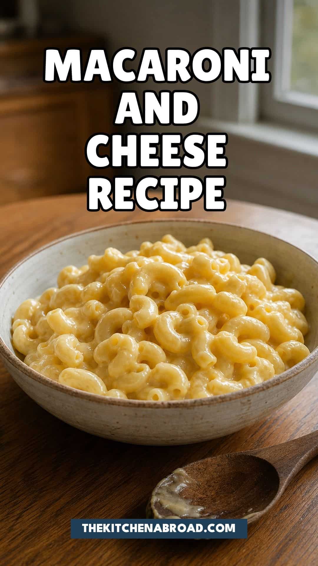 Pinterest pin for macaroni and cheese recipe with creamy stovetop elbow macaroni in a bowl