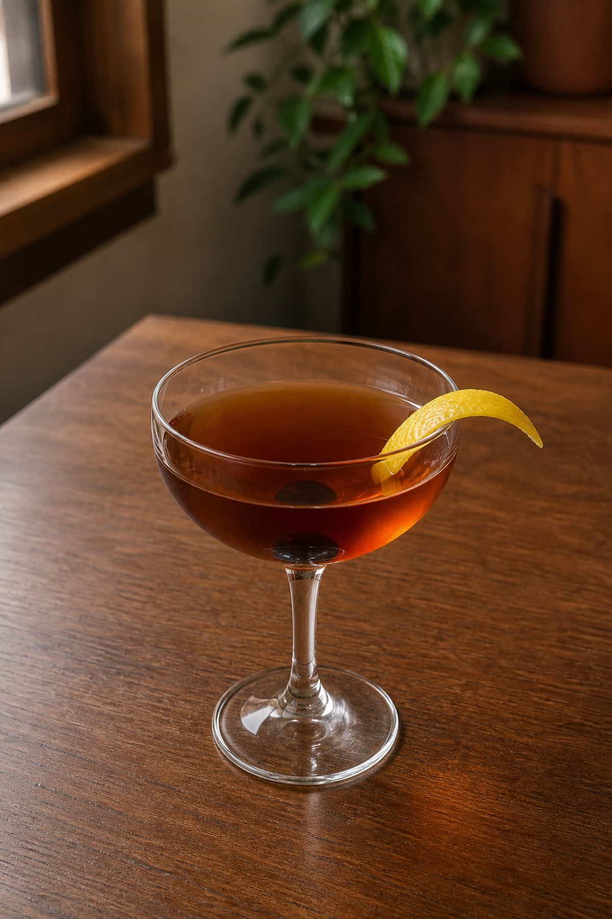 Manhattan Cocktail Recipe Finished Manhattan cocktail in a coupe glass on a wood counter