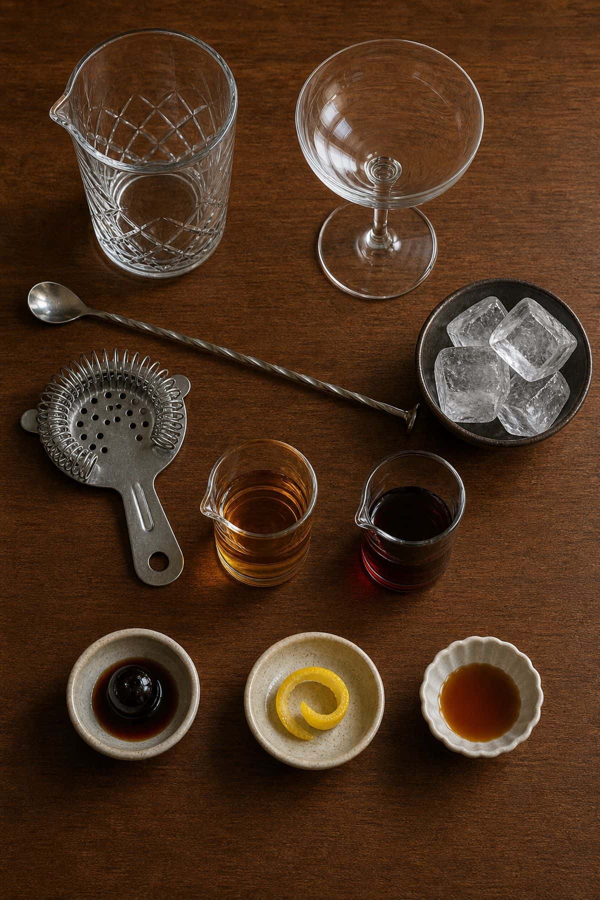 Manhattan Cocktail Recipe Manhattan cocktail ingredients with rye whiskey sweet vermouth bitters cherry lemon twist and ice