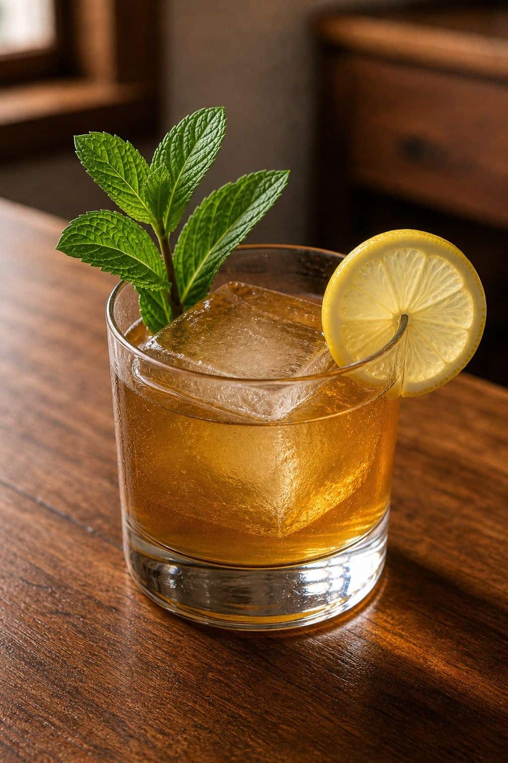 Maple Bourbon Smash cocktail with a large ice cube mint sprig and lemon wheel