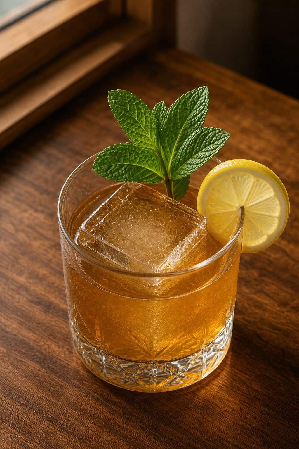 Maple Bourbon Smash in a rocks glass photographed from above