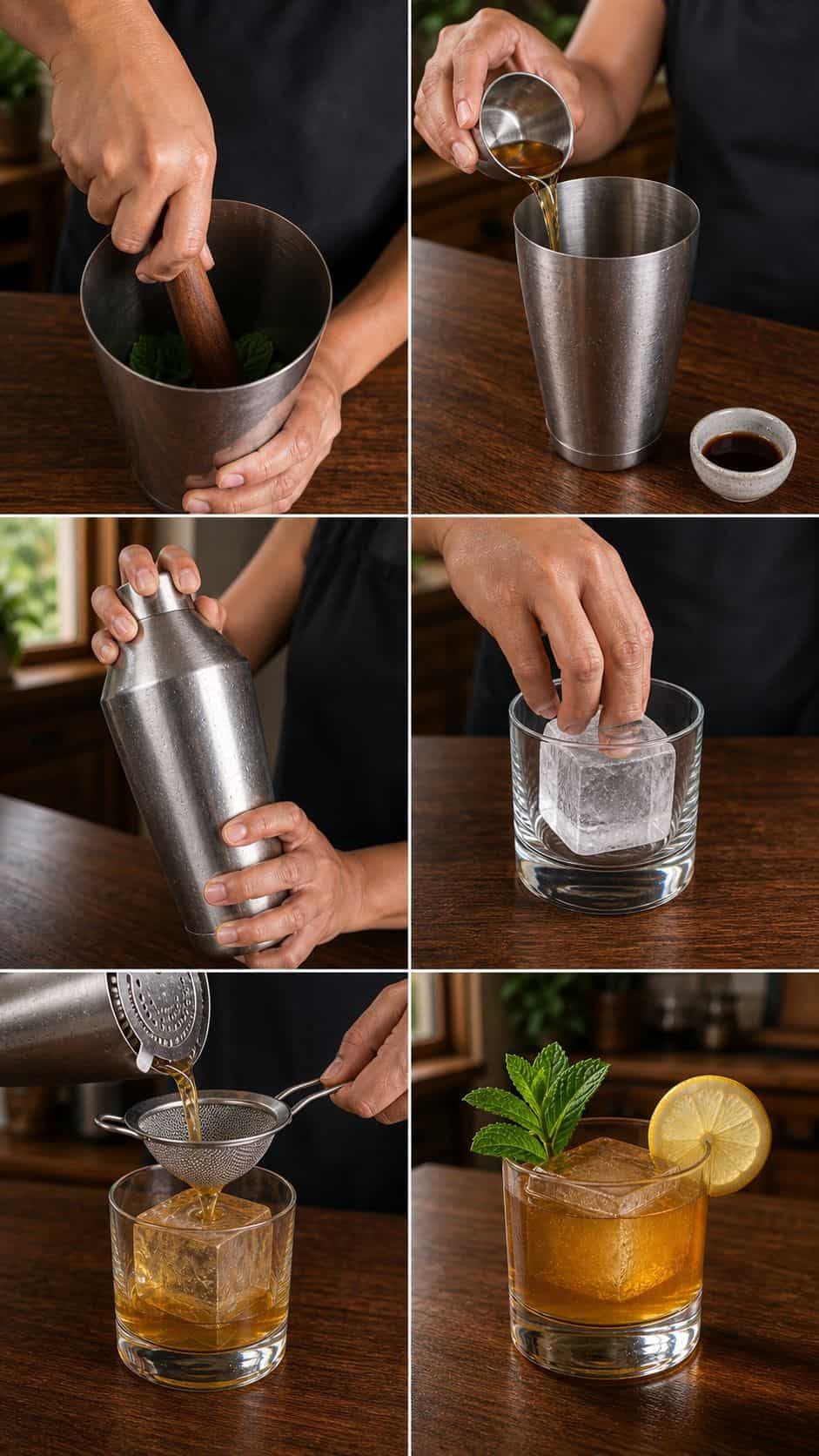 Step by step photos for making a Maple Bourbon Smash cocktail