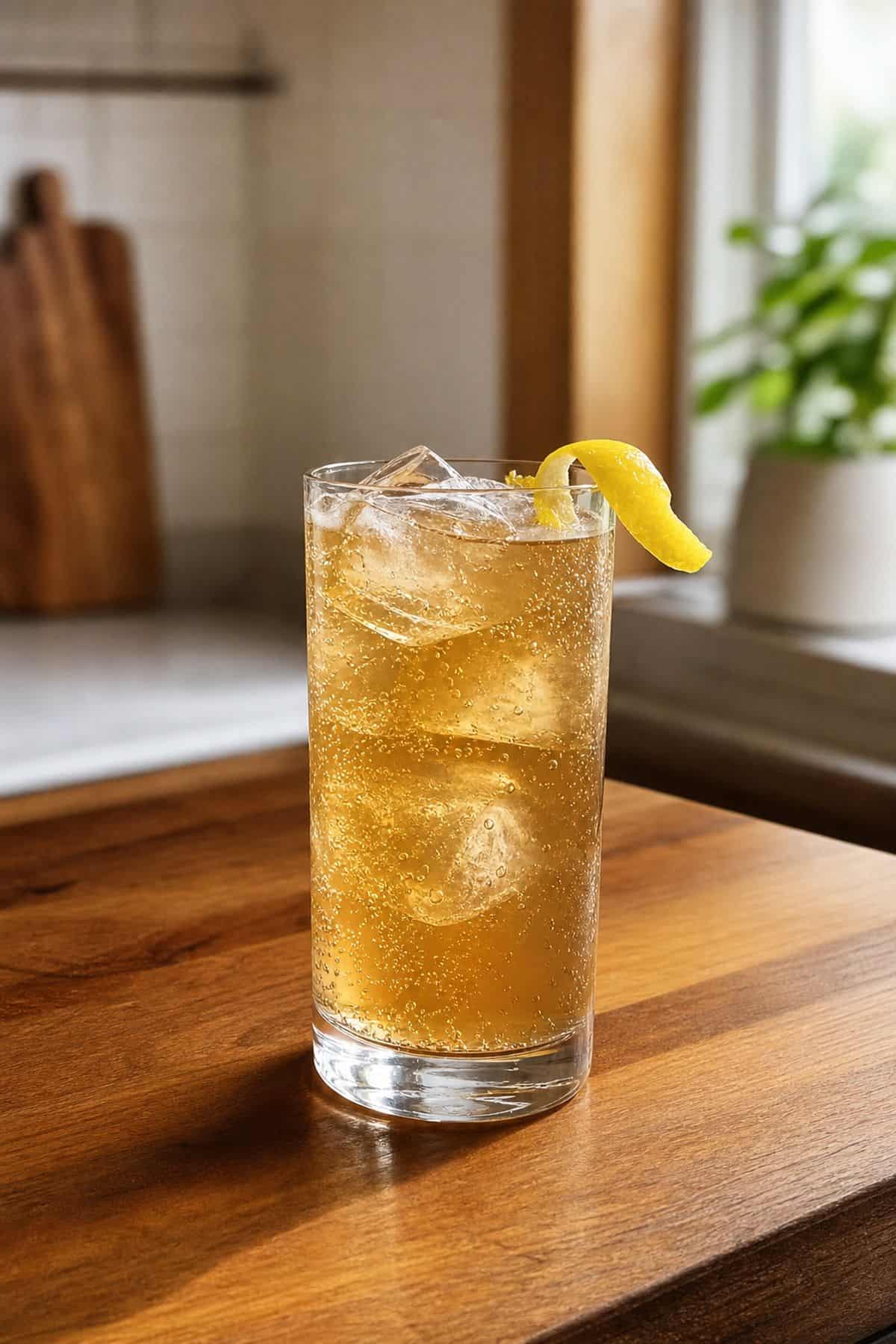 Maple Vanilla Soda Recipe Maple vanilla soda in a tall glass with ice bubbles and lemon twist