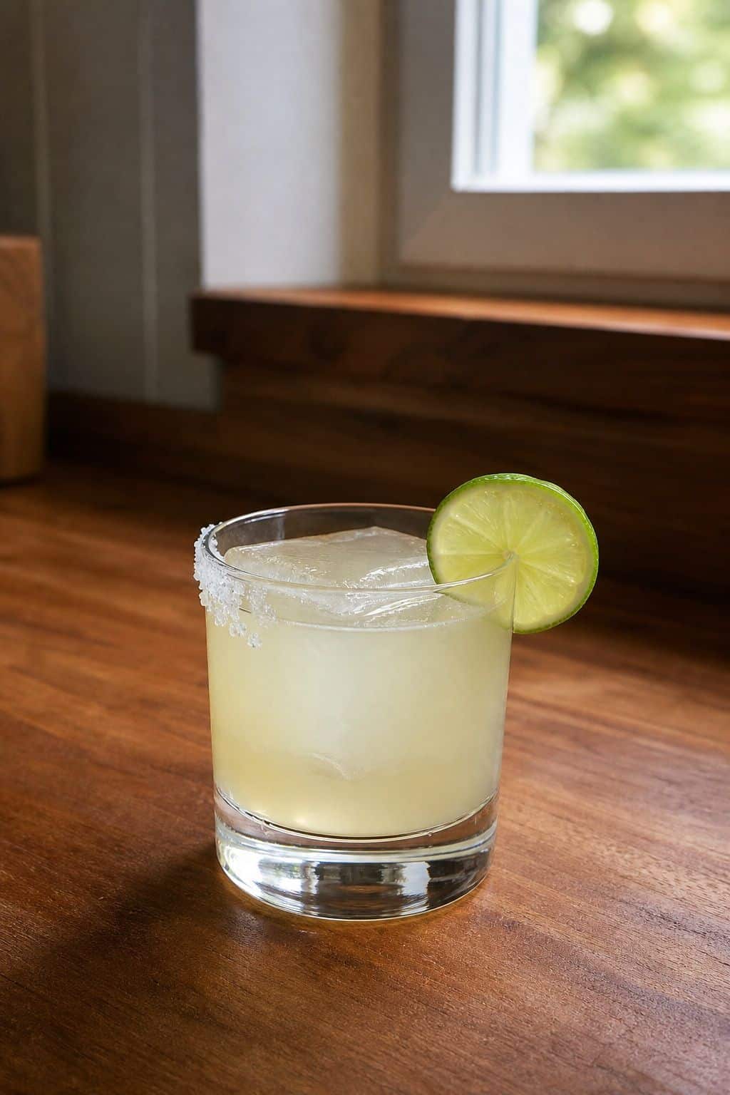 Margarita Cocktail Recipe Close view of a classic margarita over ice with a lime wheel garnish