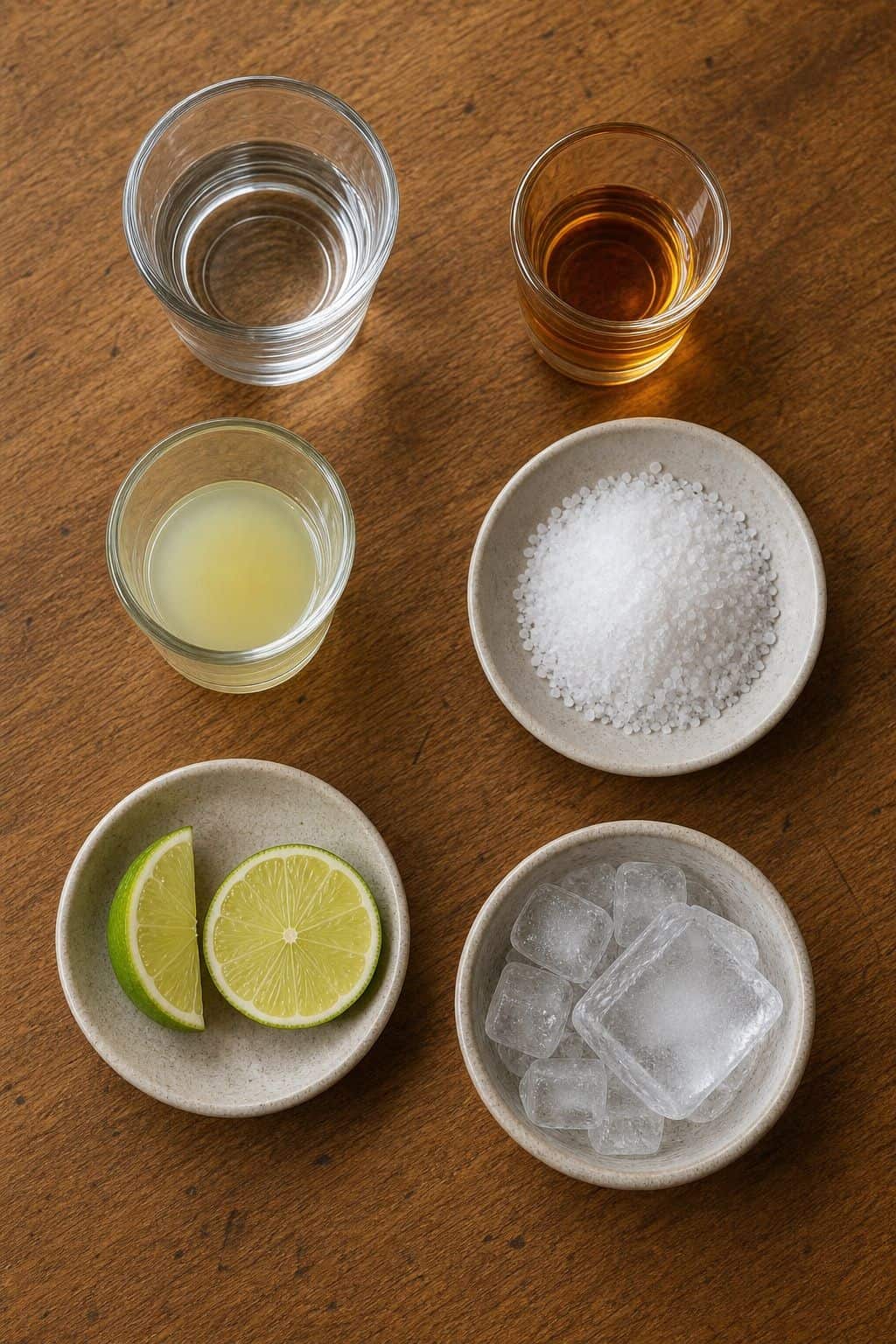 Margarita Cocktail Recipe Measured ingredients for a margarita cocktail including tequila Cointreau lime juice salt lime and ice