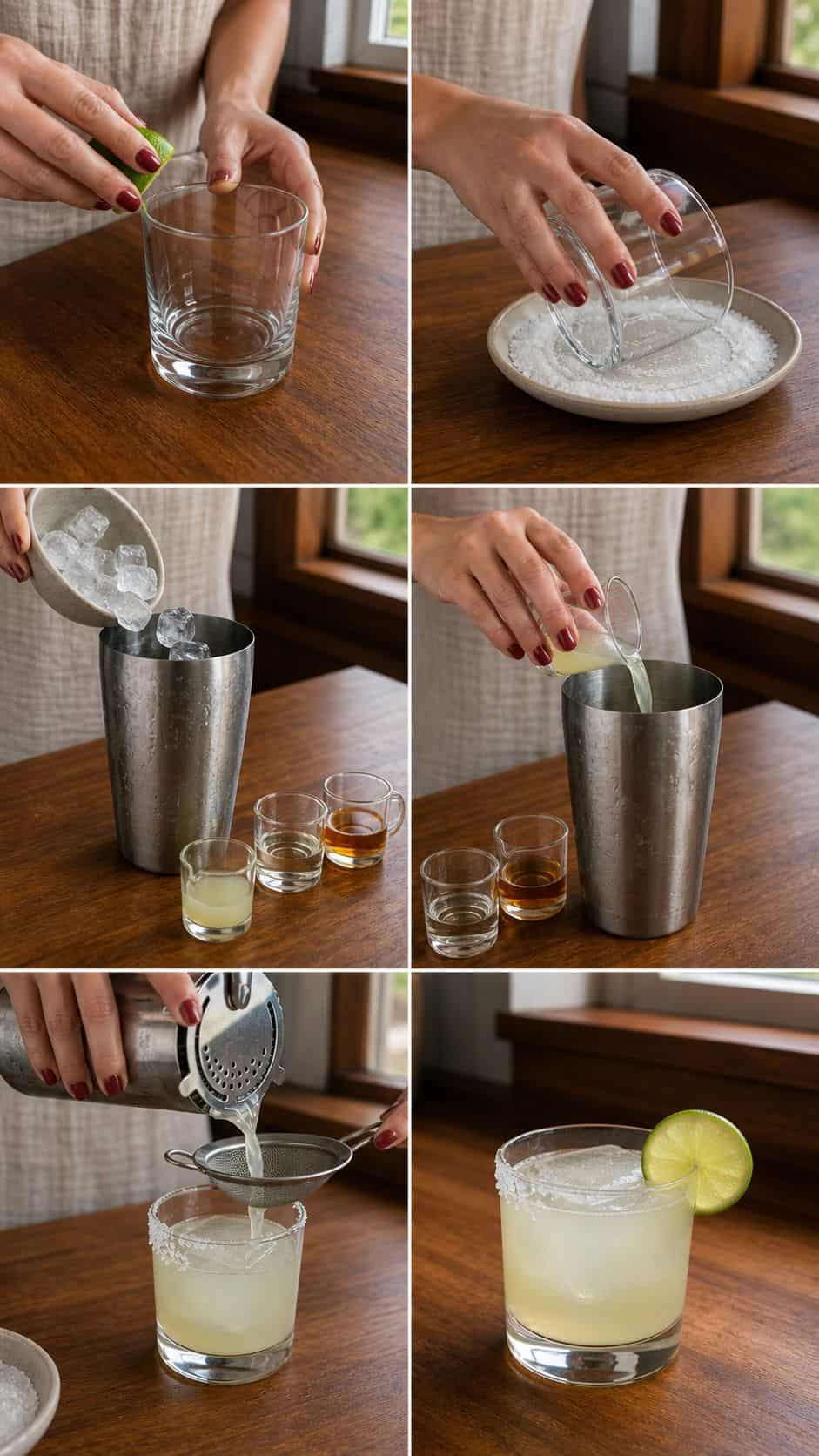 Margarita Cocktail Recipe Six realistic step photos showing how to salt rim shake strain and garnish a margarita