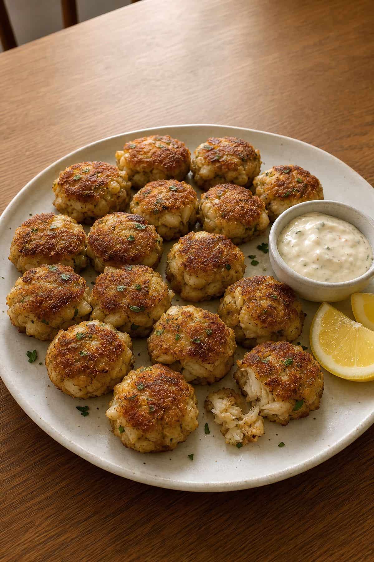 Mini Crab Cakes Recipe Mini crab cakes with remoulade and lemon wedges on a ceramic plate