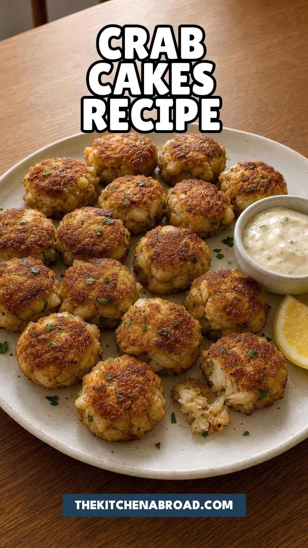 Mini Crab Cakes Recipe Mini crab cakes recipe pin with golden crab cakes, remoulade, and lemon wedges