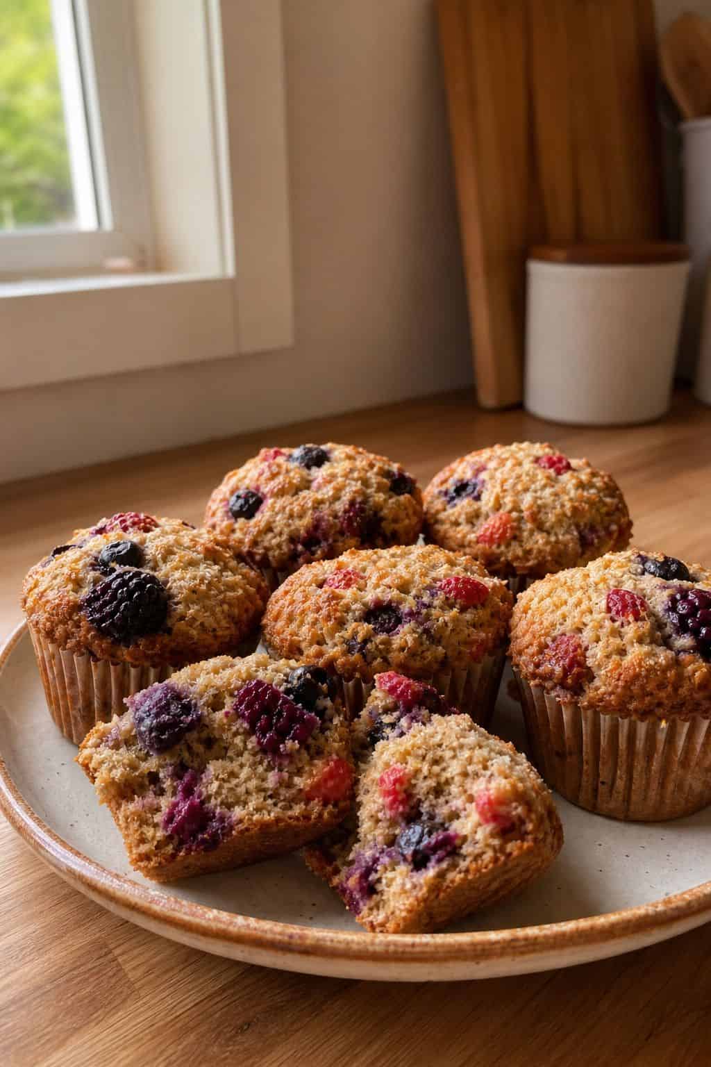 Oat Muffins with Berries and Coconut (Freezer-Friendly) Oat muffins with berries and coconut on a ceramic plate with berry-streaked crumb and toasted coconut tops.