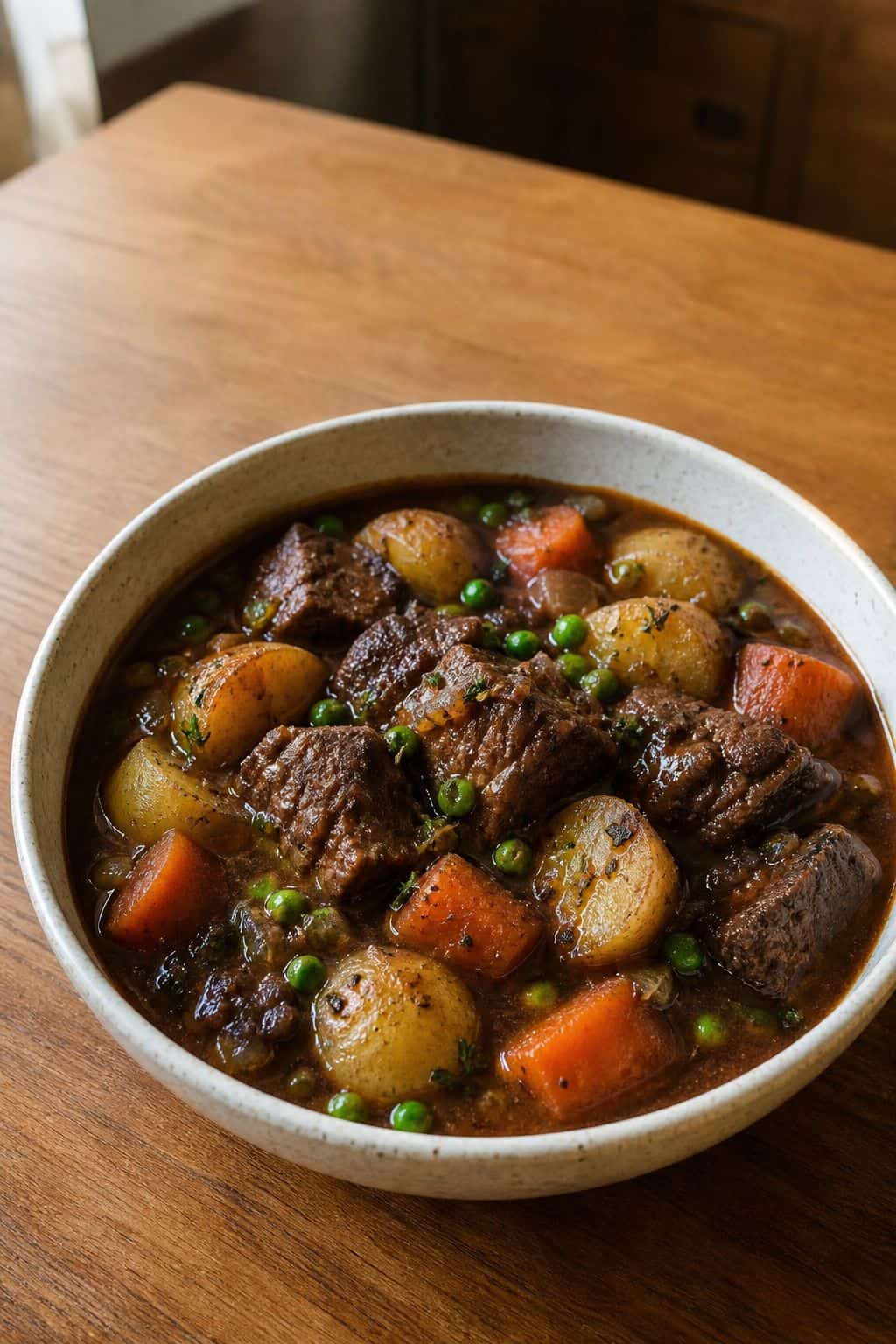 Old-Fashioned Beef Stew (Red Wine, Slow Braise) Old-fashioned beef stew with tender beef, carrots, baby potatoes, and peas in a rustic bowl