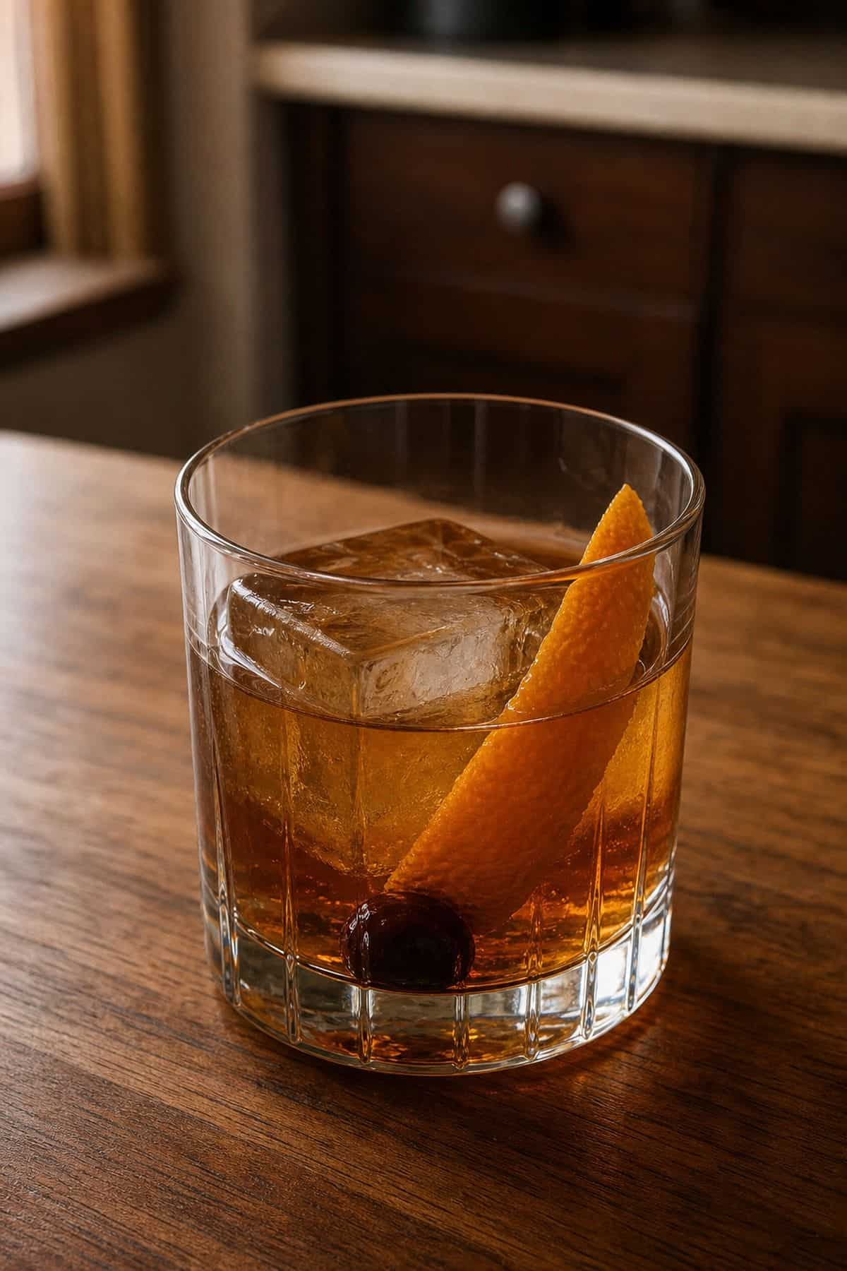 Old Fashioned Cocktail Recipe Classic Old Fashioned cocktail with a large ice cube, orange peel, and cherry