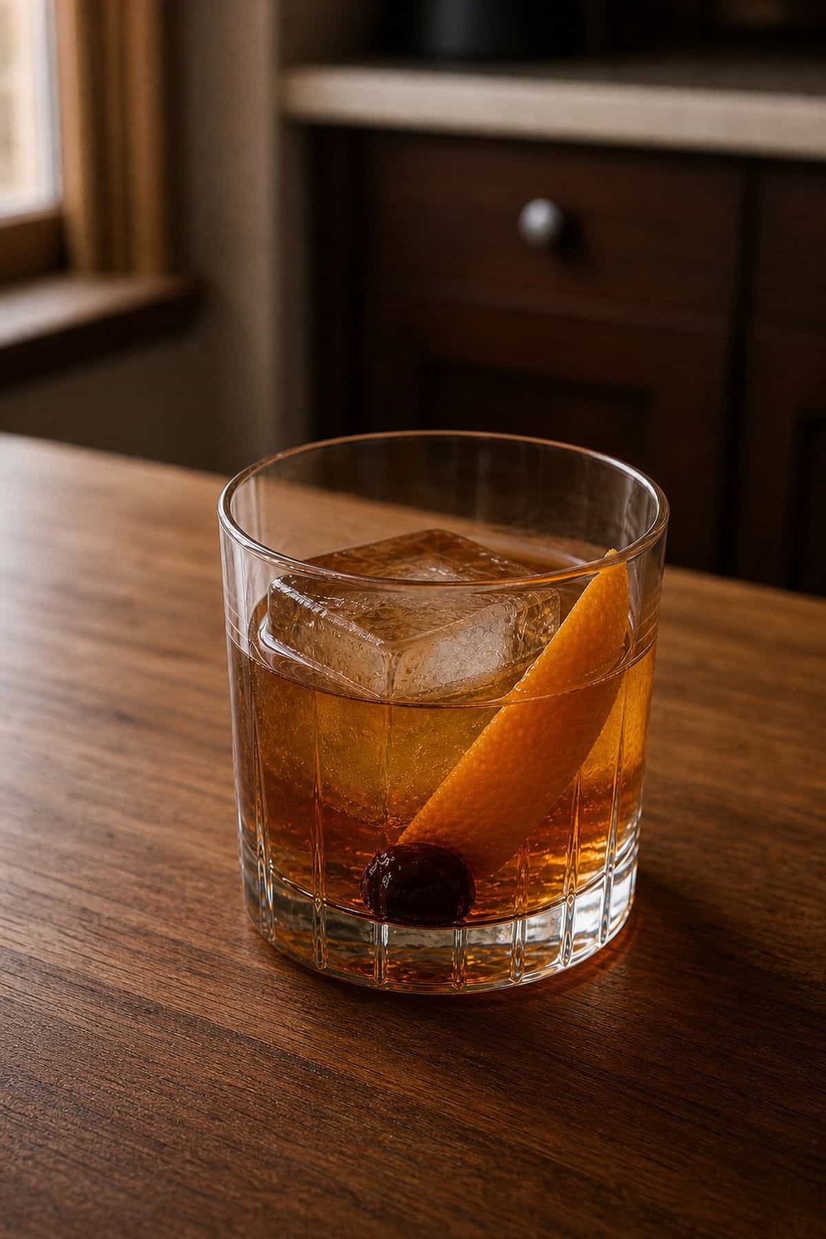 Old Fashioned Cocktail Recipe Old Fashioned cocktail served in a rocks glass on a warm wood table