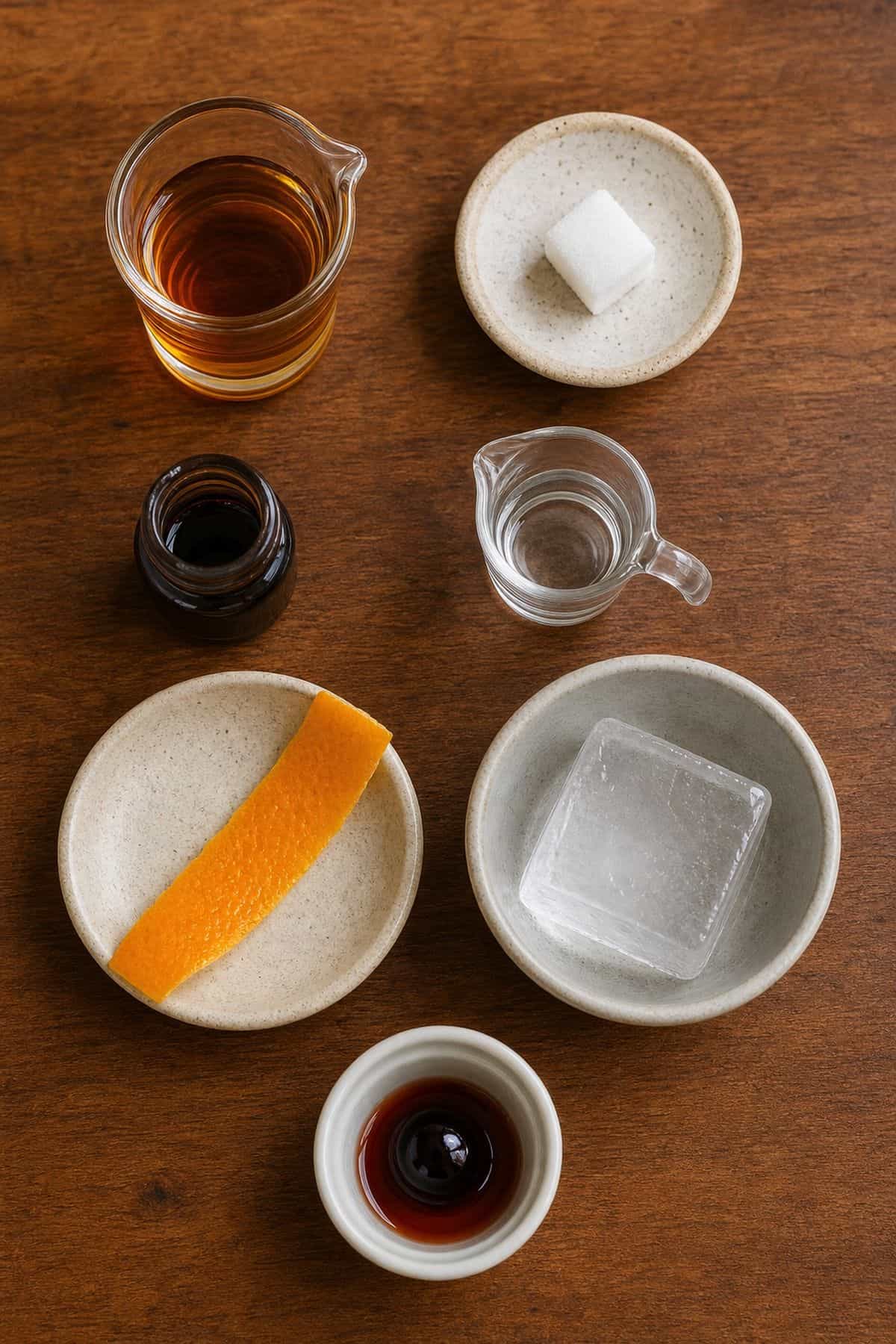 Old Fashioned Cocktail Recipe Ingredients for an Old Fashioned cocktail measured into small dishes and cups