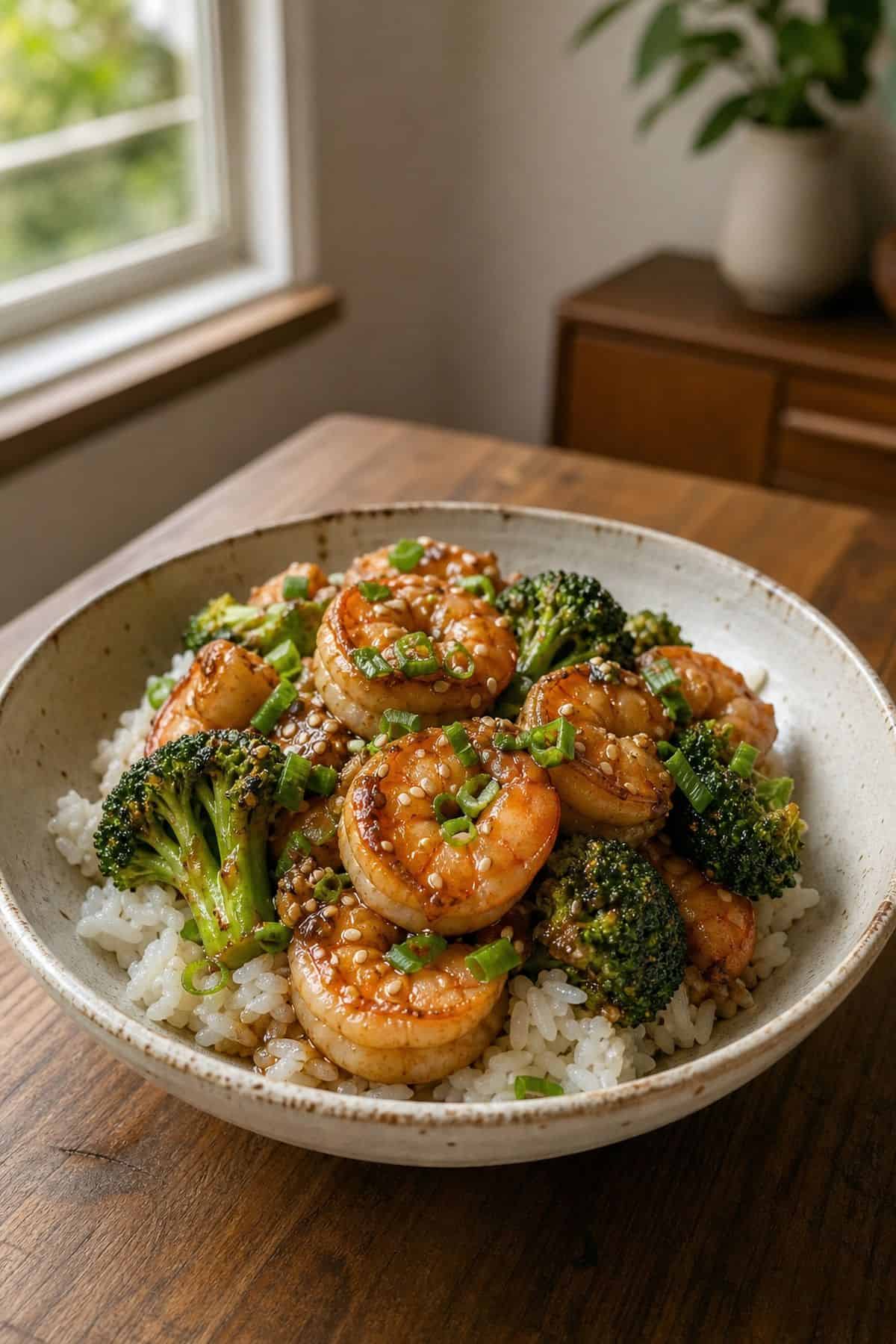 One-Pan Honey Garlic Shrimp and Broccoli Honey garlic shrimp and broccoli served over steamed rice with scallions and sesame seeds.