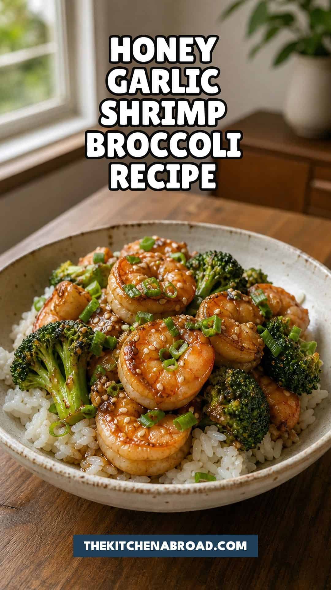 One-Pan Honey Garlic Shrimp and Broccoli One-pan honey garlic shrimp and broccoli recipe pin with shrimp, broccoli, and rice.