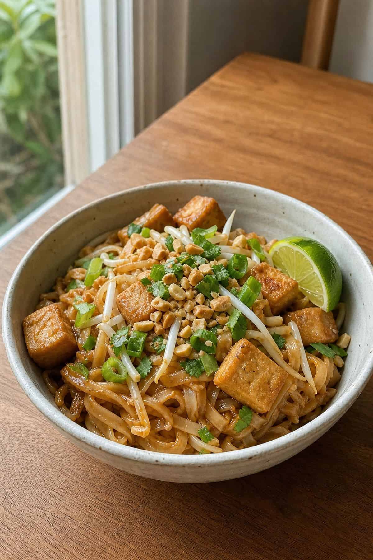 One-Pan Vegan Pad Thai with Tofu One pan vegan pad Thai with tofu served in a bowl