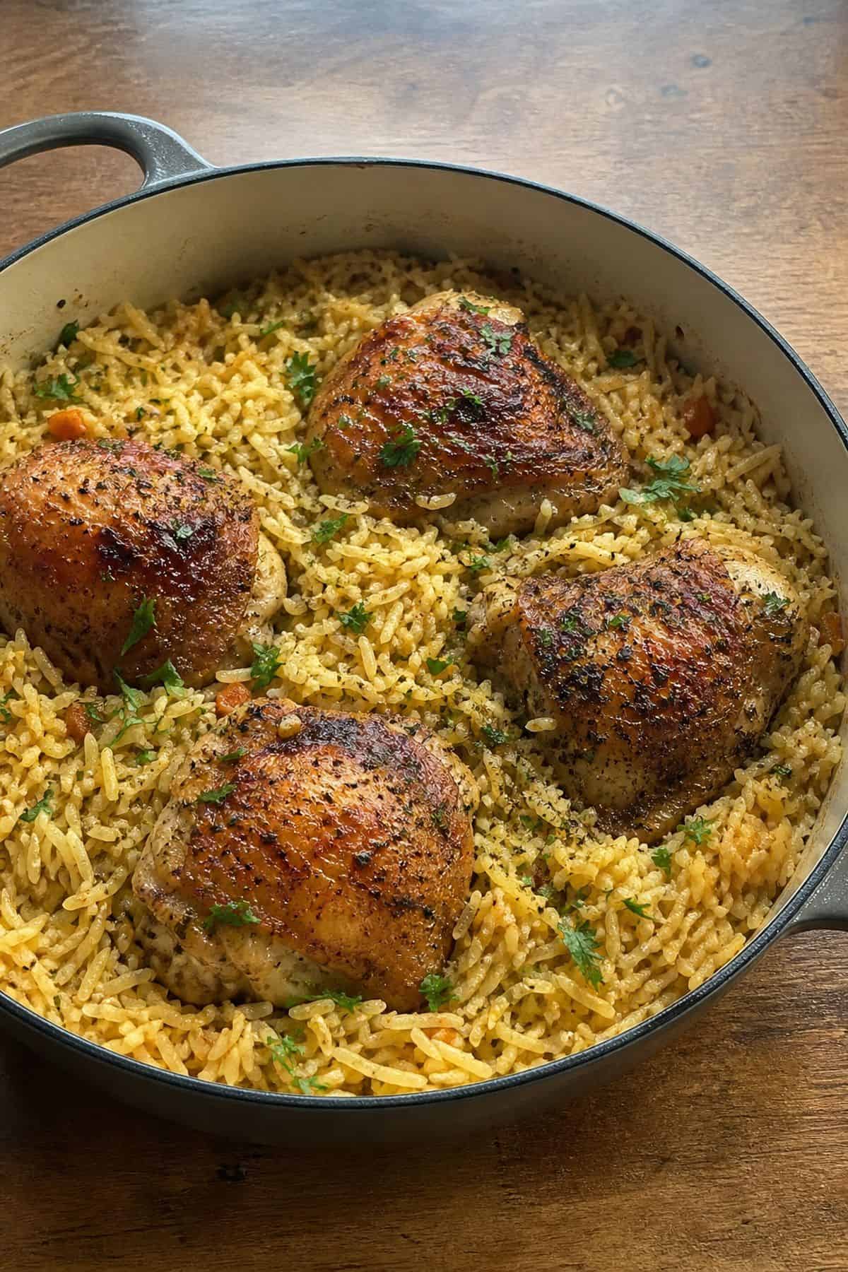One-Pot Lemon Herb Chicken and Rice Recipe One-pot lemon herb chicken and rice with golden chicken thighs over fluffy herb rice
