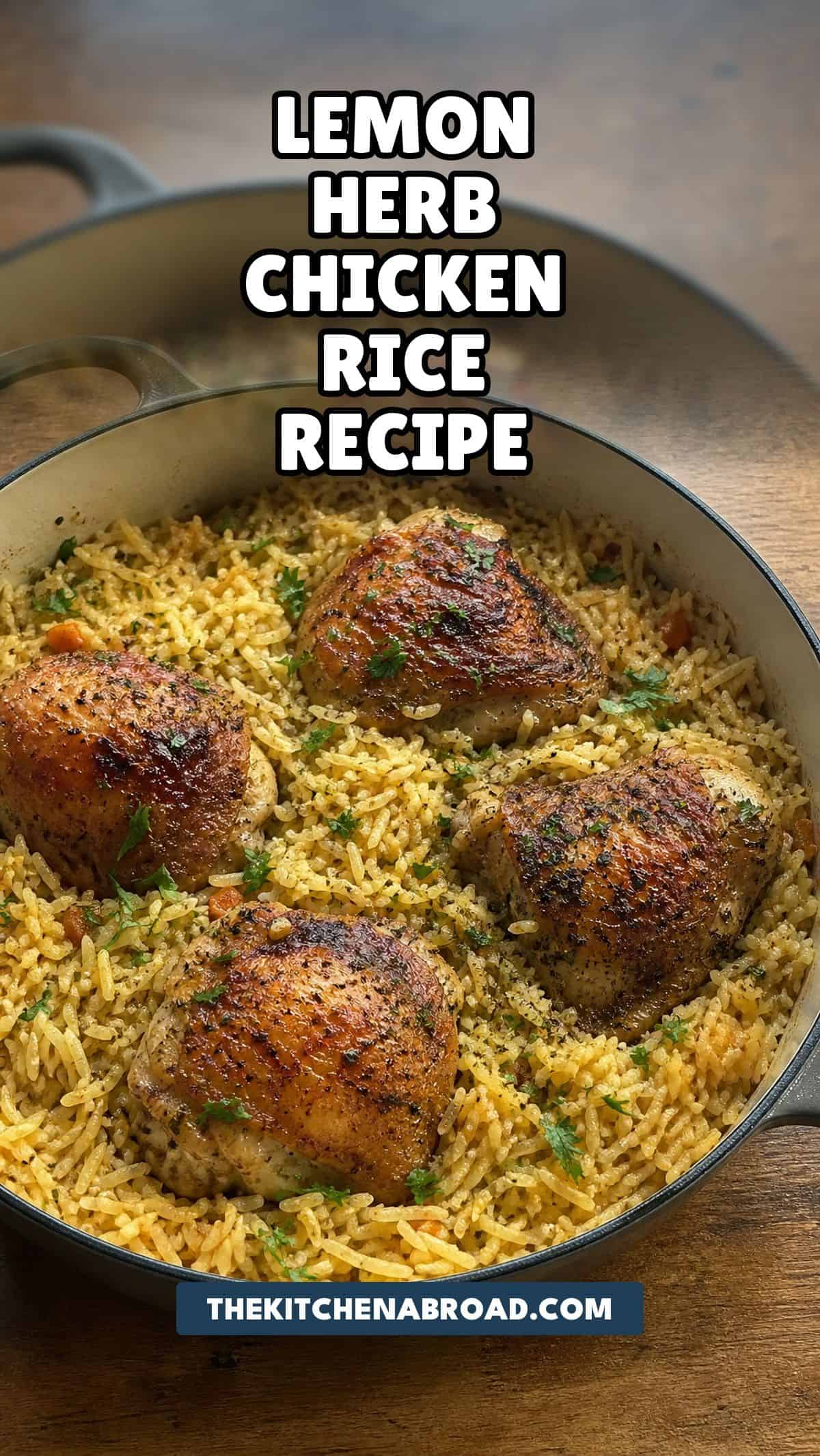 One-Pot Lemon Herb Chicken and Rice Recipe Pinterest pin for one-pot lemon herb chicken and rice recipe with golden chicken thighs