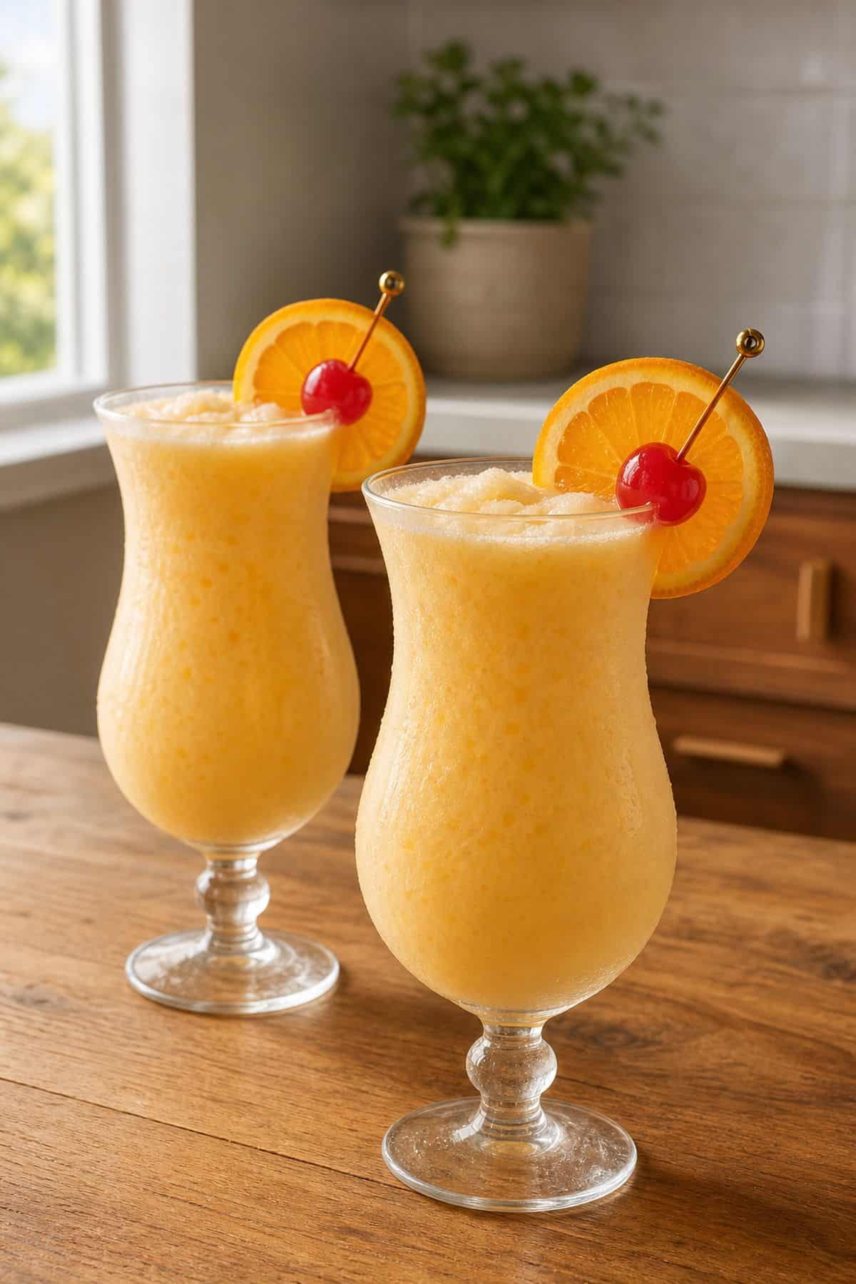 Orange coconut creamsicle drink in hurricane glasses on a warm kitchen counter