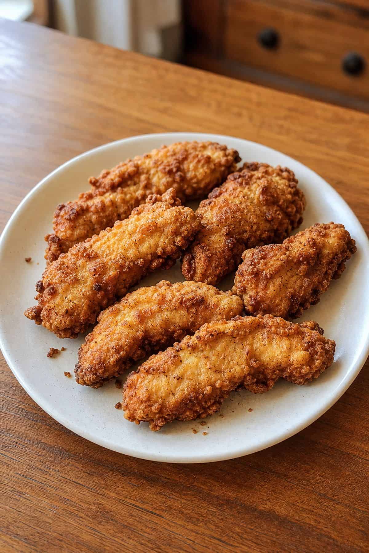 Crispy pan-fried chicken tenderloins on a white plate