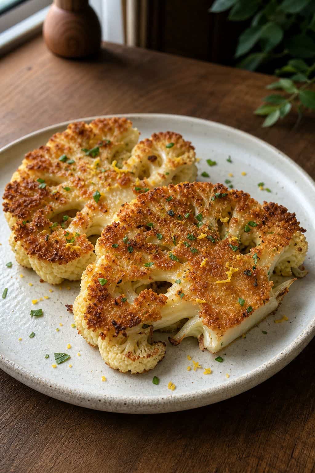 Parmesan Cauliflower Steaks Recipe (Crispy, Roasted) Crispy parmesan cauliflower steaks with parsley and lemon zest