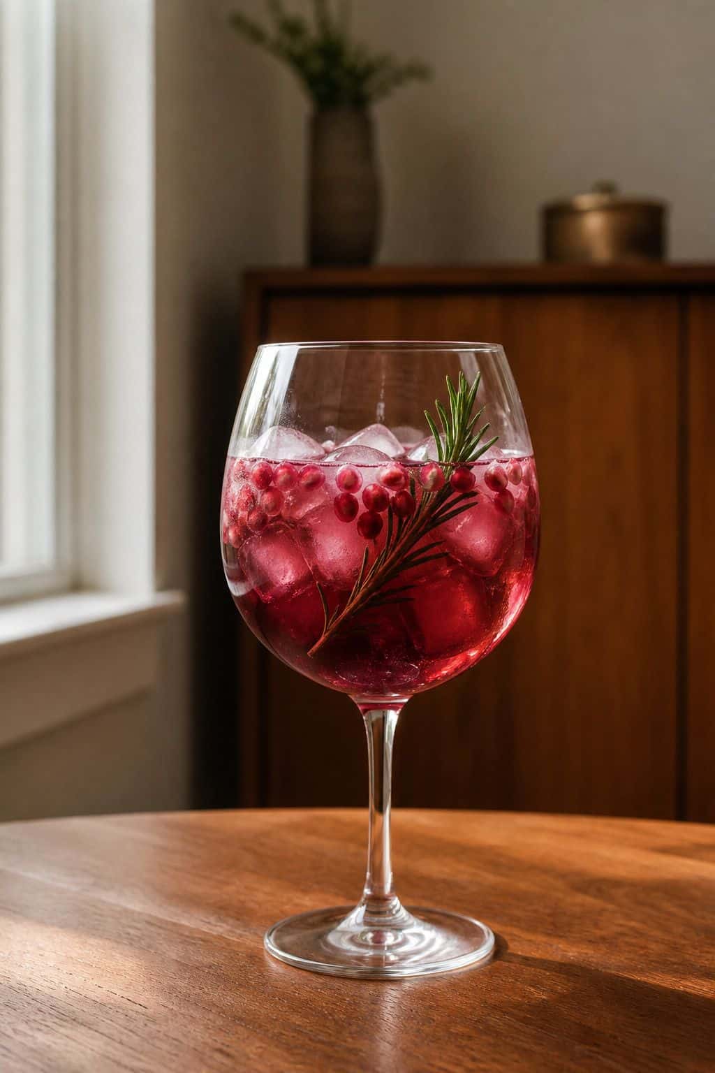 Pomegranate rosemary spritz in a stemmed glass with ice, pomegranate arils, and a fresh rosemary sprig.