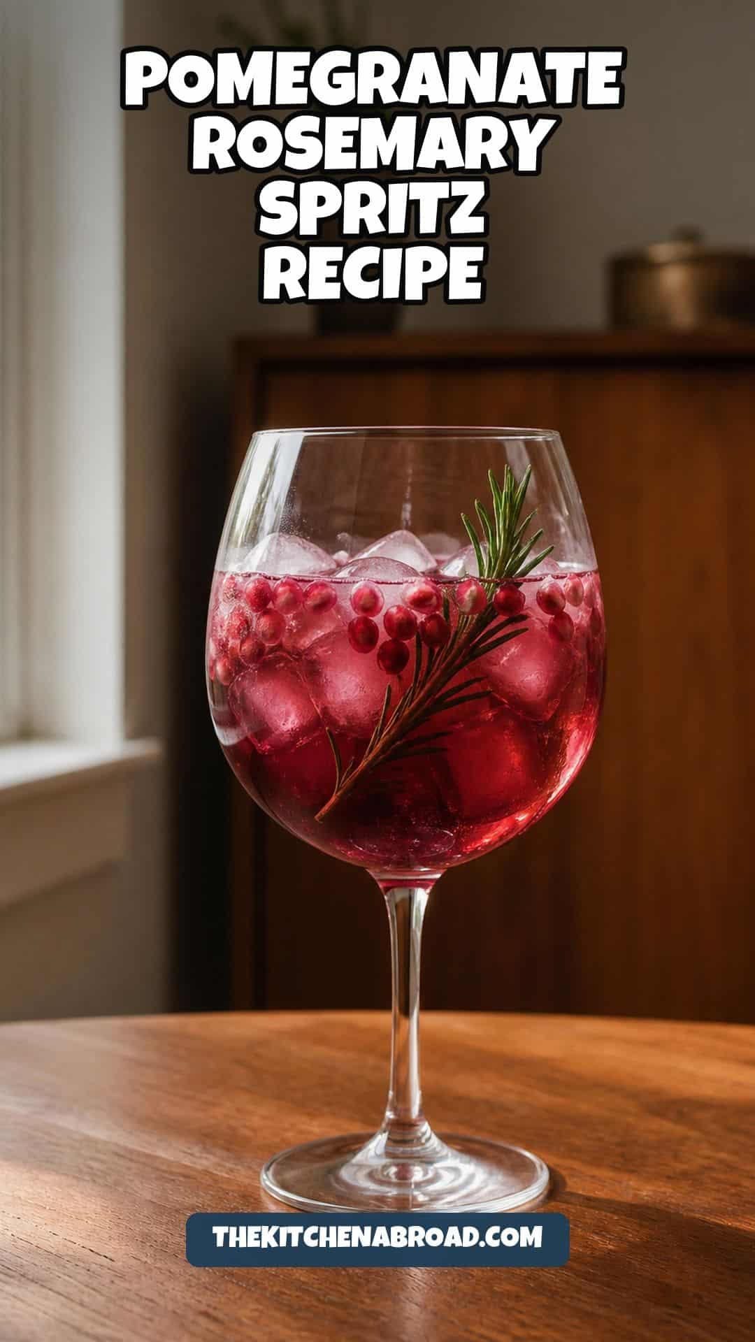 Pinterest pin for pomegranate rosemary spritz recipe with a ruby spritz in a stemmed glass.
