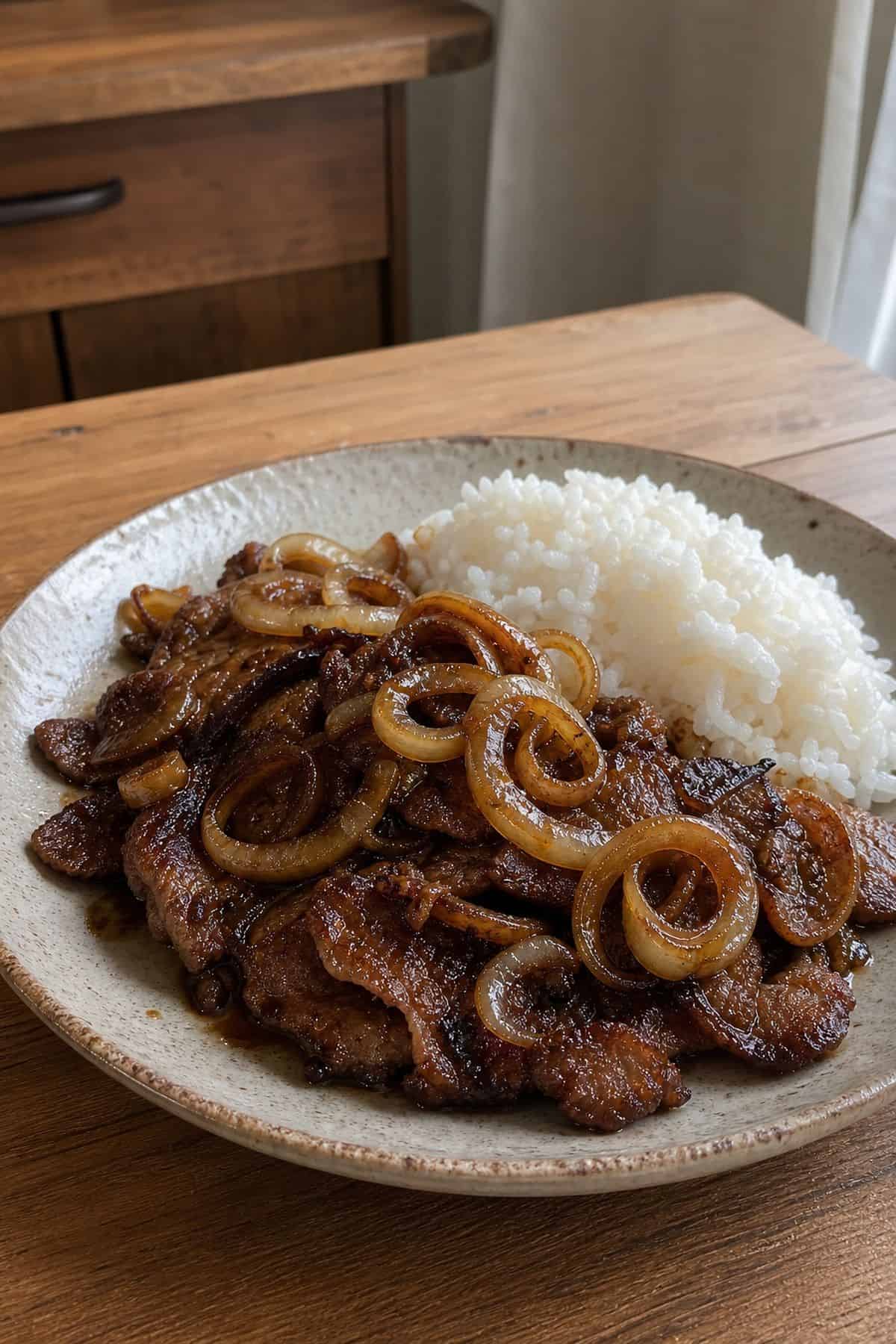 Pork Bistek Tagalog Recipe That Melts in Your Mouth Every Single Time Pork bistek tagalog with caramelized onion rings and steamed white rice on a ceramic plate