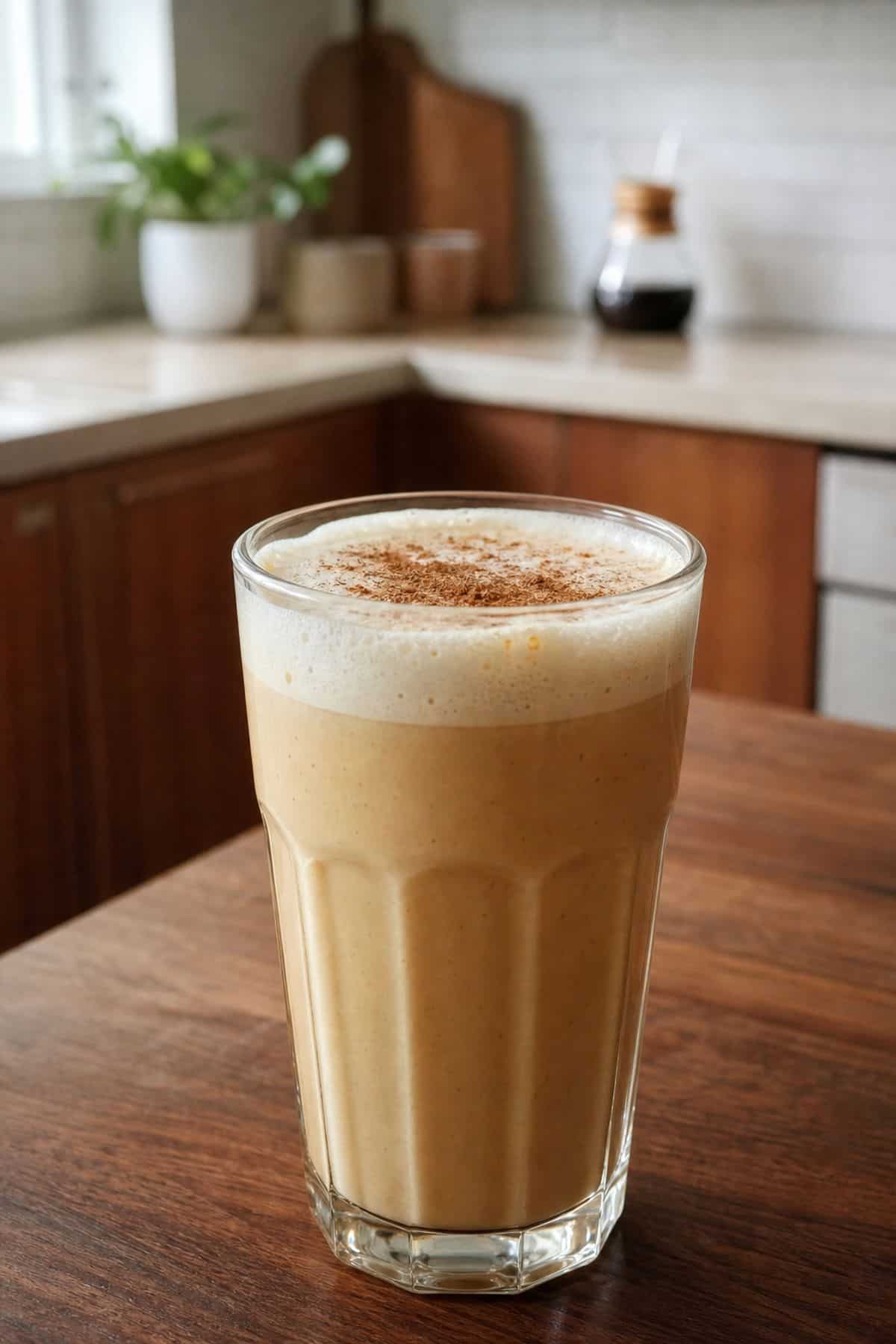Pumpkin Spice Latte Mocktail Recipe Hot pumpkin spice latte mocktail in a clear glass with foam, cinnamon, and nutmeg