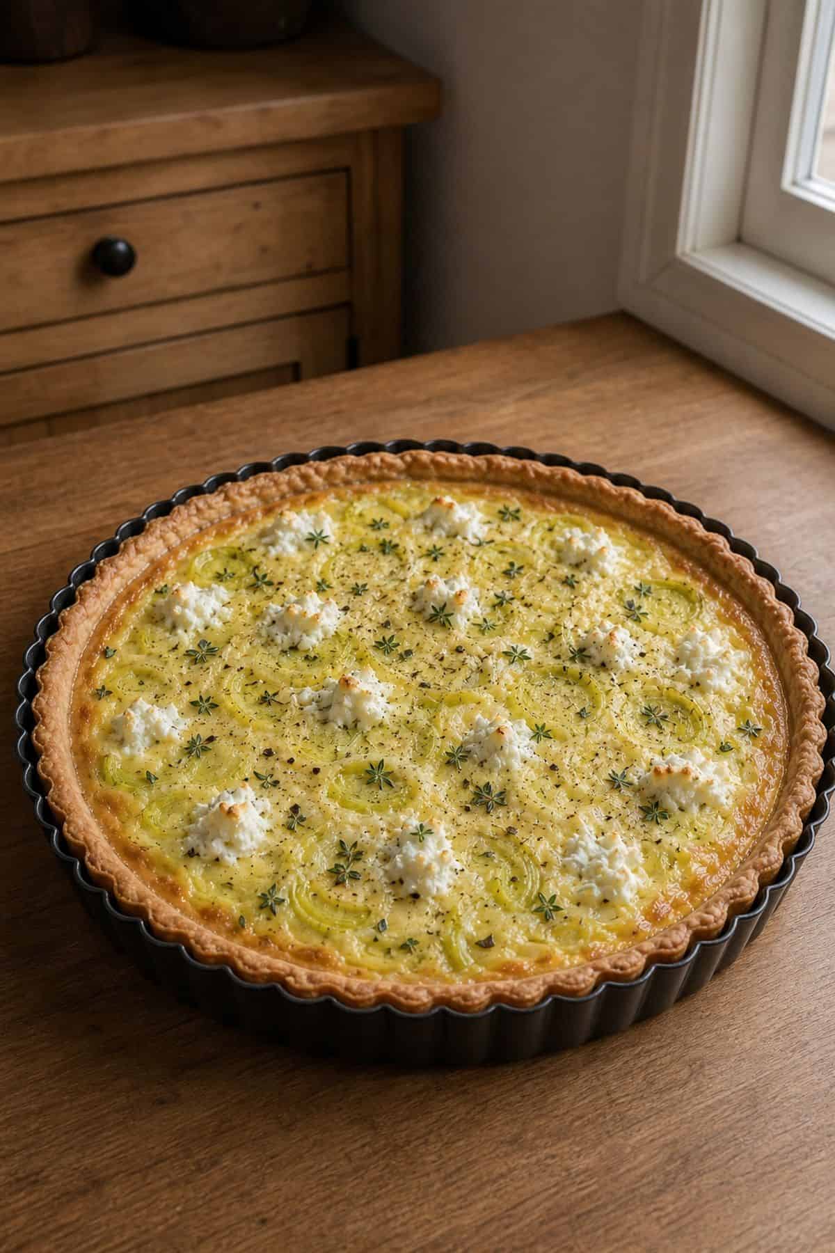 French goat cheese quiche with leeks and thyme in a fluted tart pan.