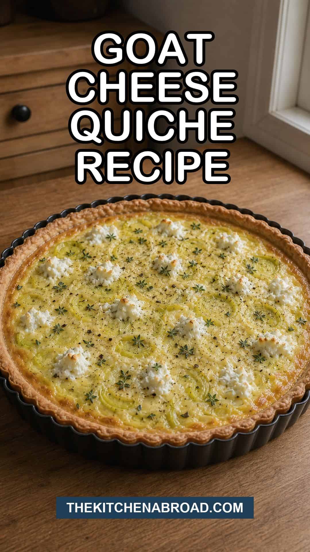 Pinterest pin for goat cheese quiche recipe with a golden leek and chevre quiche.