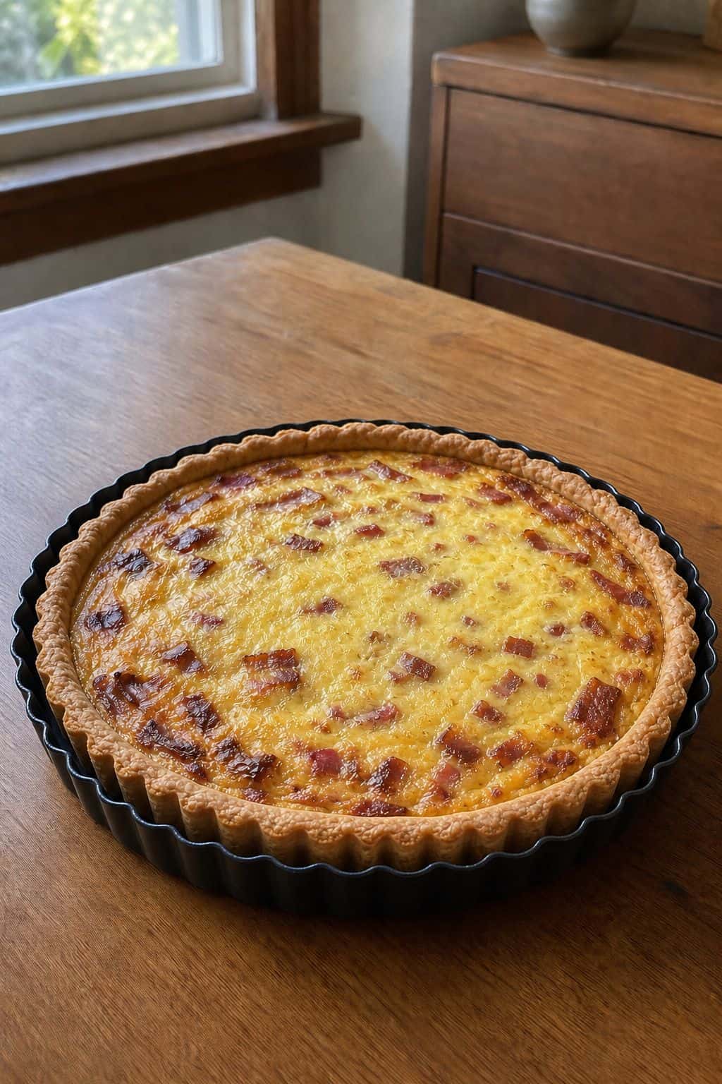 Quiche Lorraine Recipe Homemade quiche Lorraine with bacon and Gruyere in a rustic tart pan.