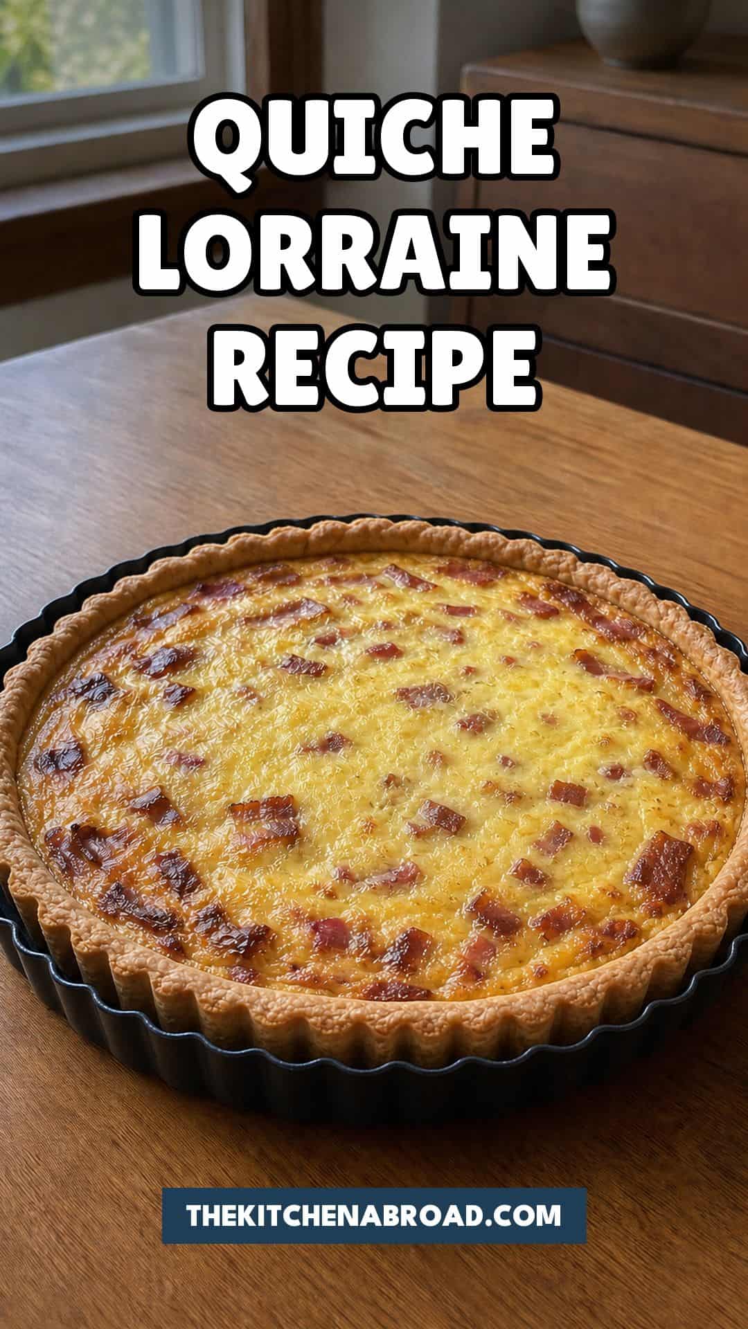 Quiche Lorraine Recipe Pinterest pin for quiche Lorraine recipe with a golden bacon and Gruyere quiche.